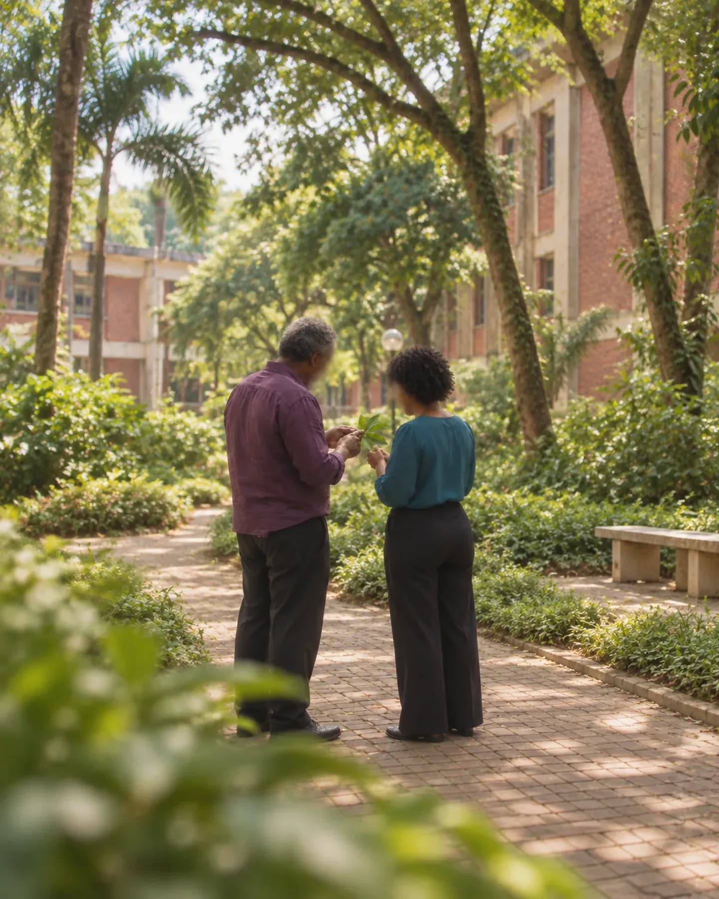 A man in a plum shirt and a woman in teal examine a leaf in a shaded courtyard on the University of Lagos campus.