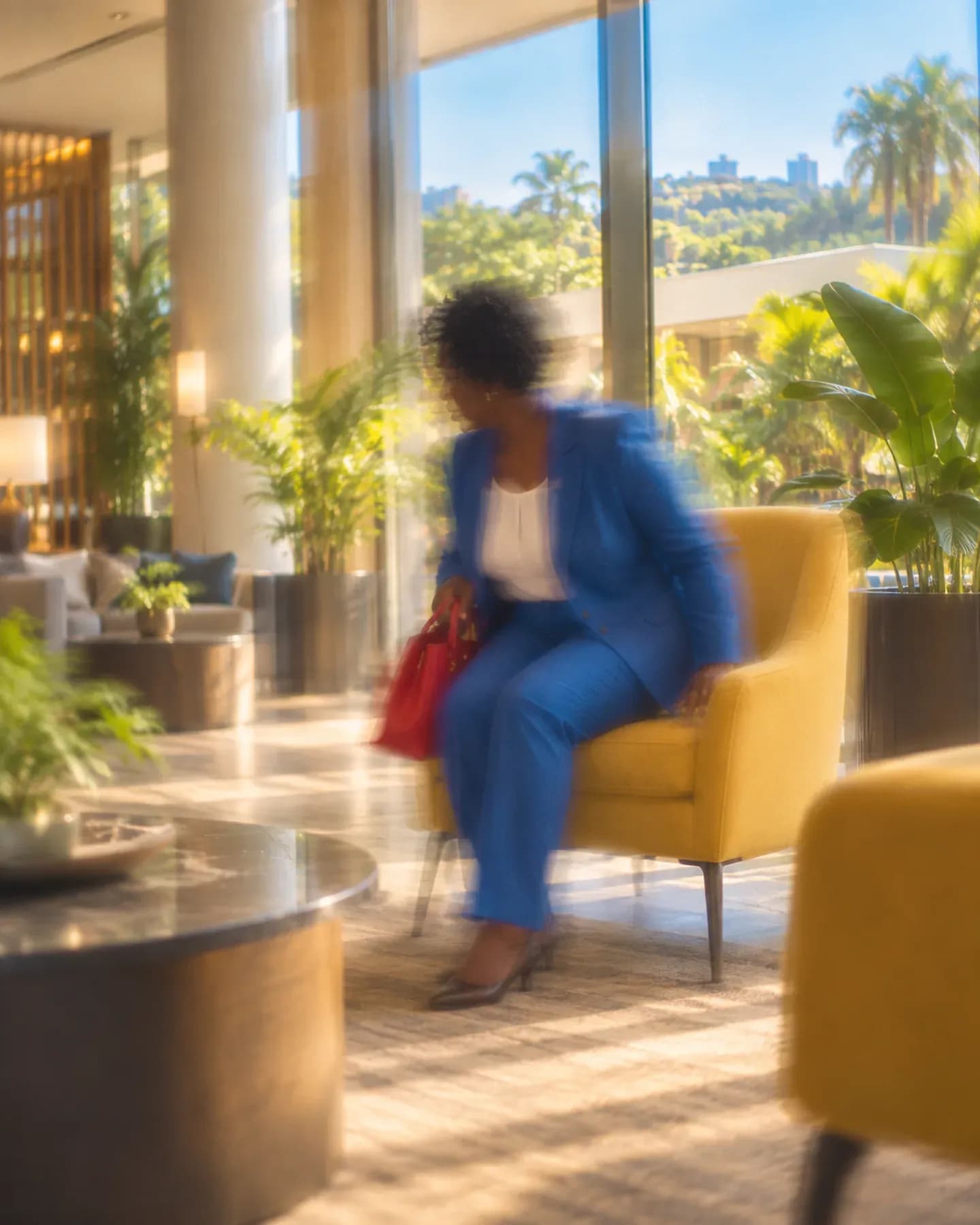 A woman in a blue suit sits with a red bag in a yellow chair in the Ledger Plaza lounge in Bangui.