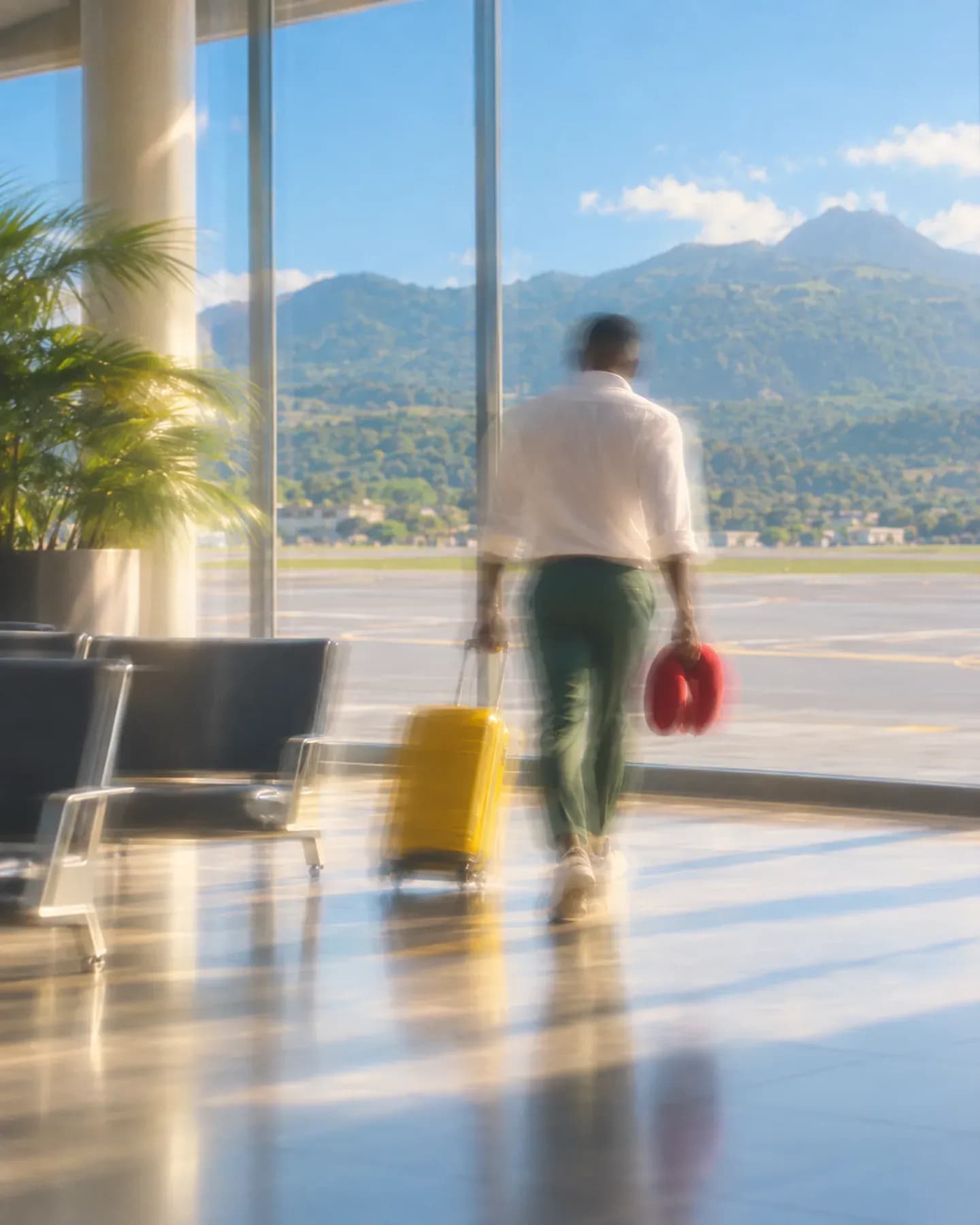 A man in a white shirt pulls a yellow suitcase through Prince Said Ibrahim Airport, with Grande Comore's green hills beyond.