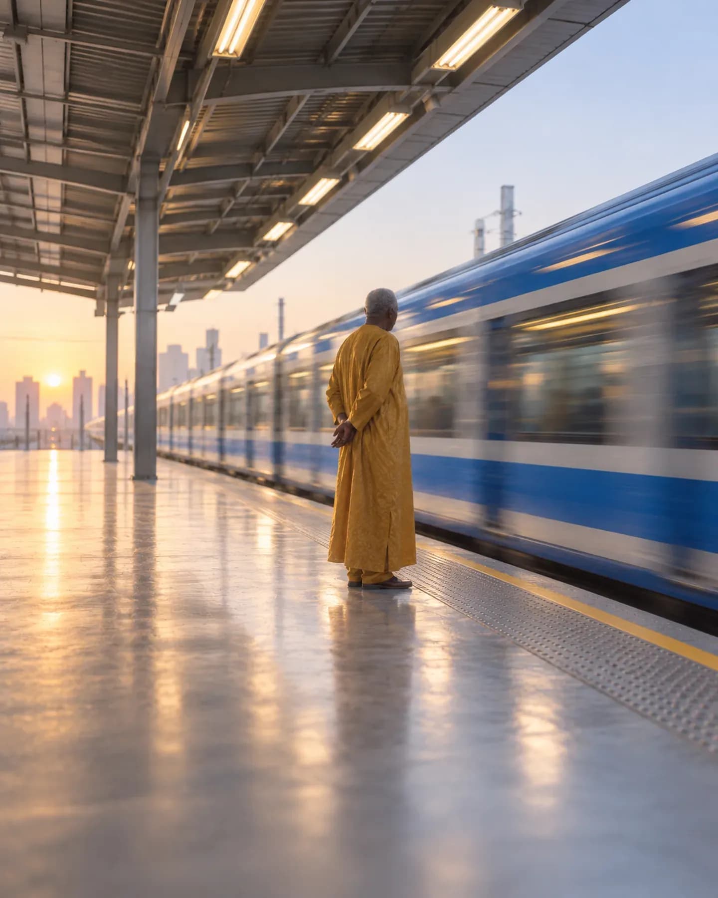 A man in a mustard kaftan waits on an elevated Lagos Blue Line platform as a blue and white train passes.