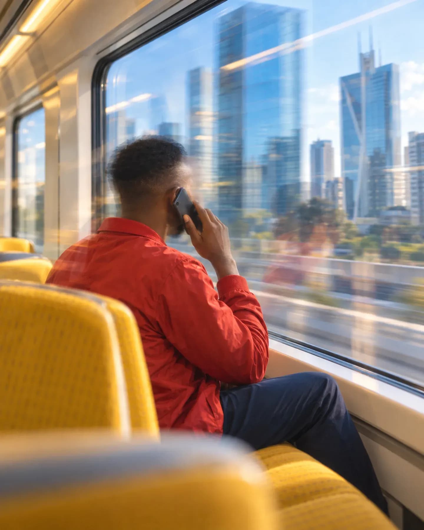 A man in a red jacket takes a phone call from a train seat, city towers sliding past the window.