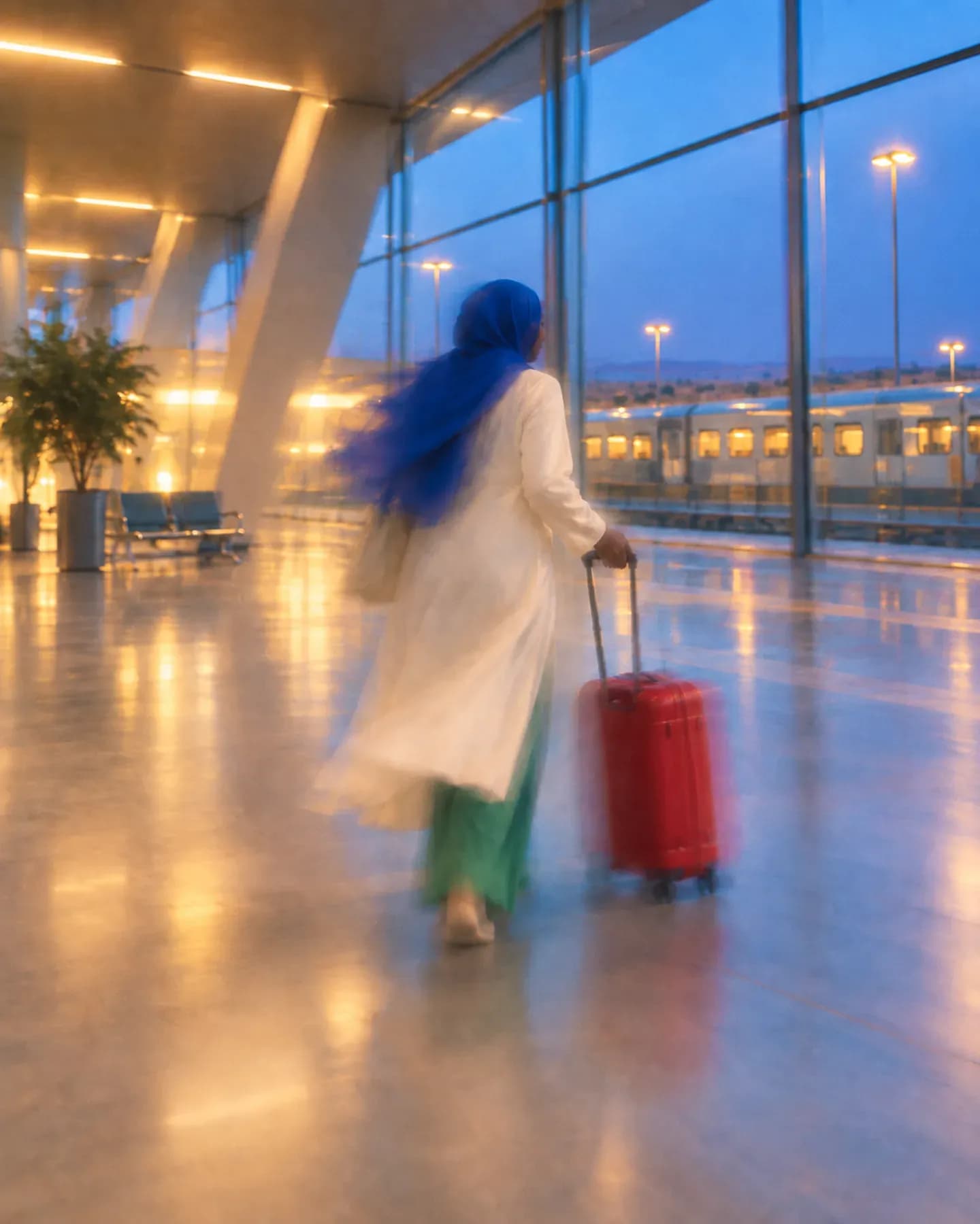 A woman in a blue hijab and white coat pulls a red suitcase through Nagad railway station in Djibouti.