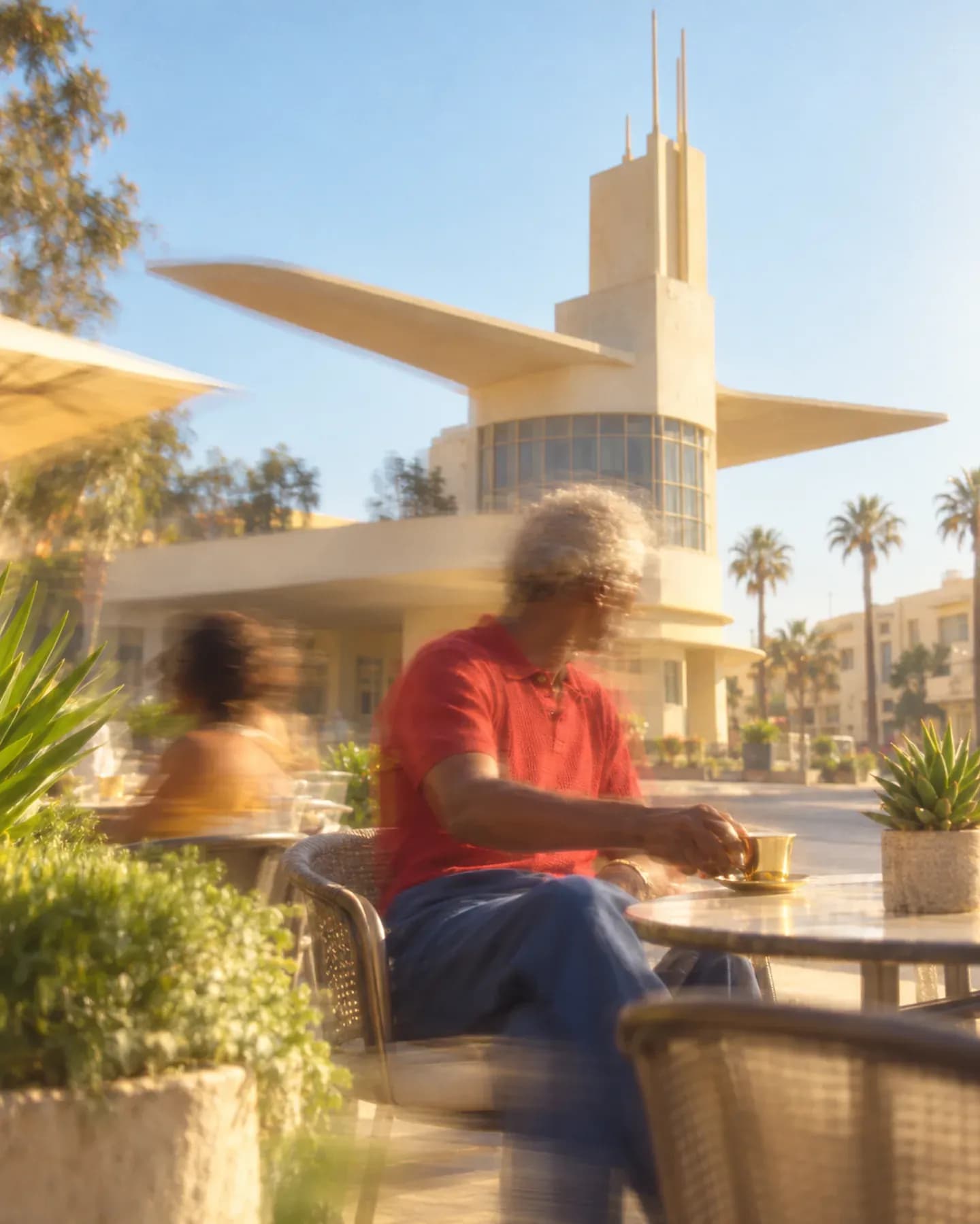 A man in a red shirt sits with a cup on a cafe terrace beside Asmara's winged Fiat Tagliero building.