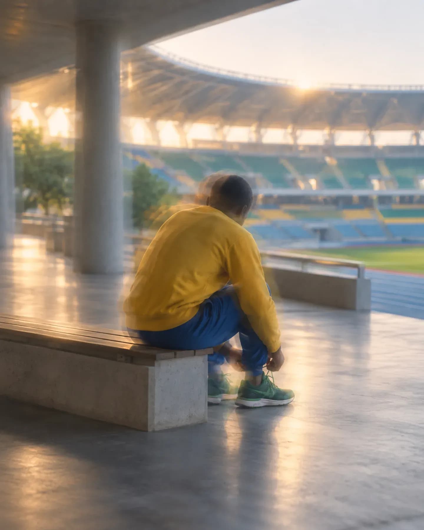 A man in a yellow sweatshirt bends to tie his trainers on a bench at Stade de l'Amitie in Libreville.