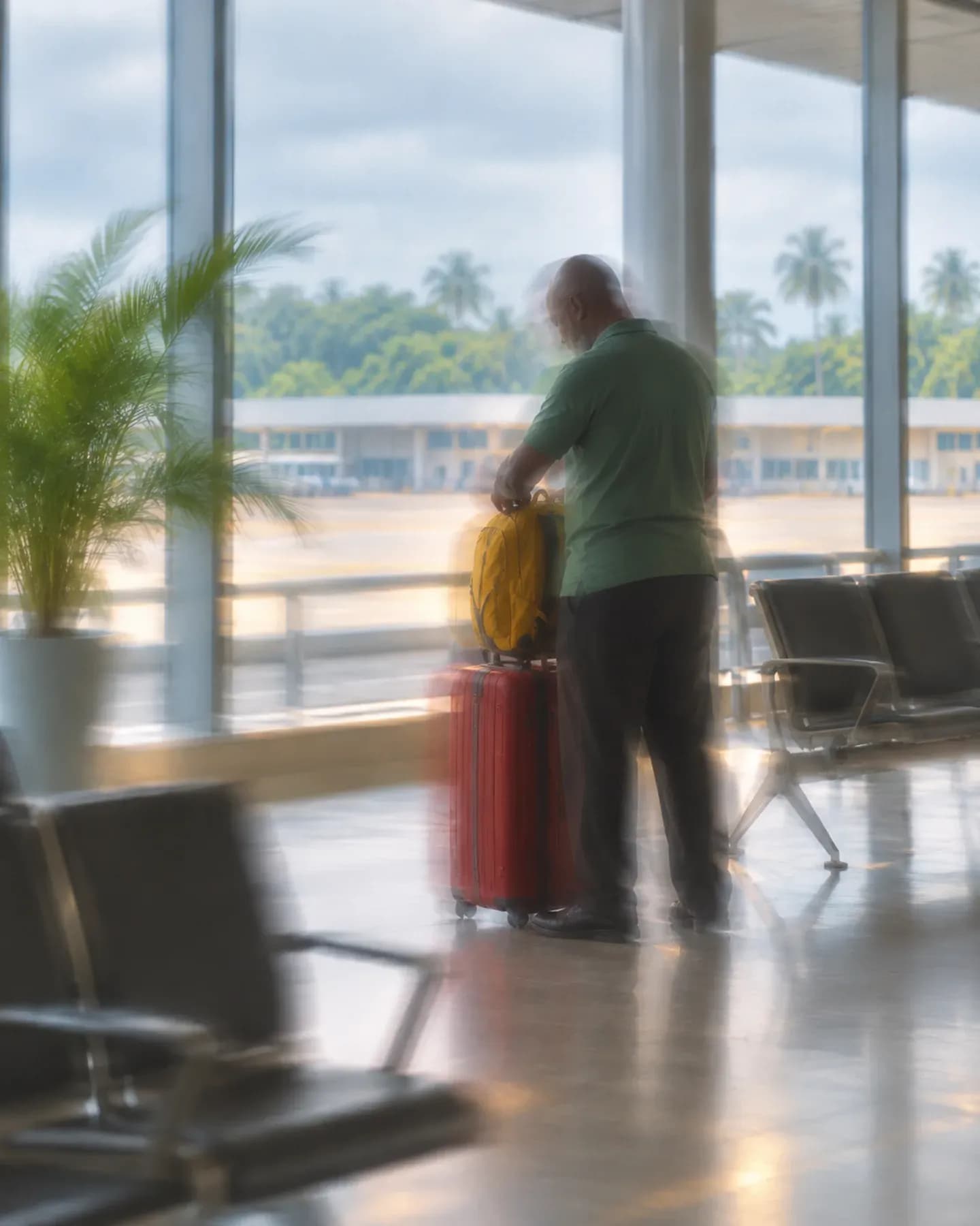 A man in a green polo adjusts a yellow backpack beside a red suitcase at Osvaldo Vieira International Airport in Bissau.