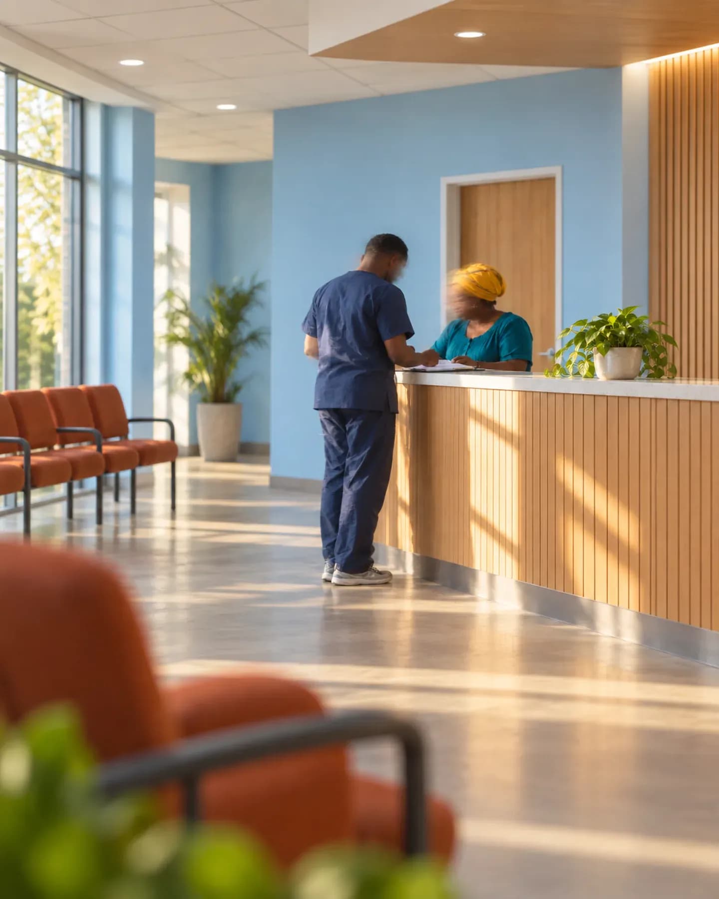 A man in navy scrubs speaks with a woman in a yellow headwrap at a clinic reception desk in Harare.