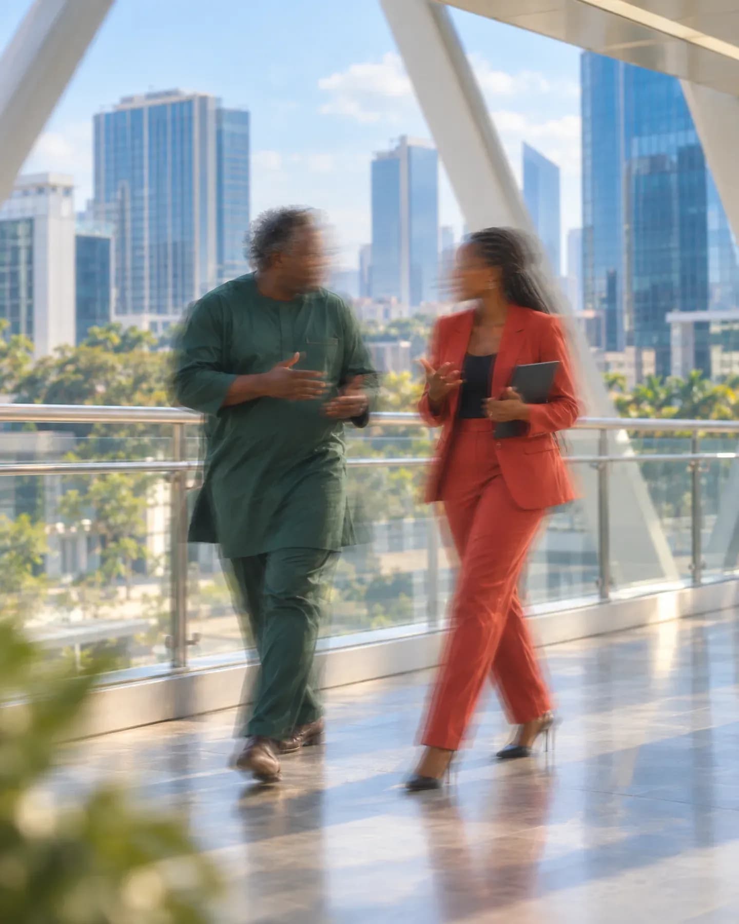 A man in a green kaftan and a woman in a red suit talk as they walk along a glass-walled walkway, towers behind them.