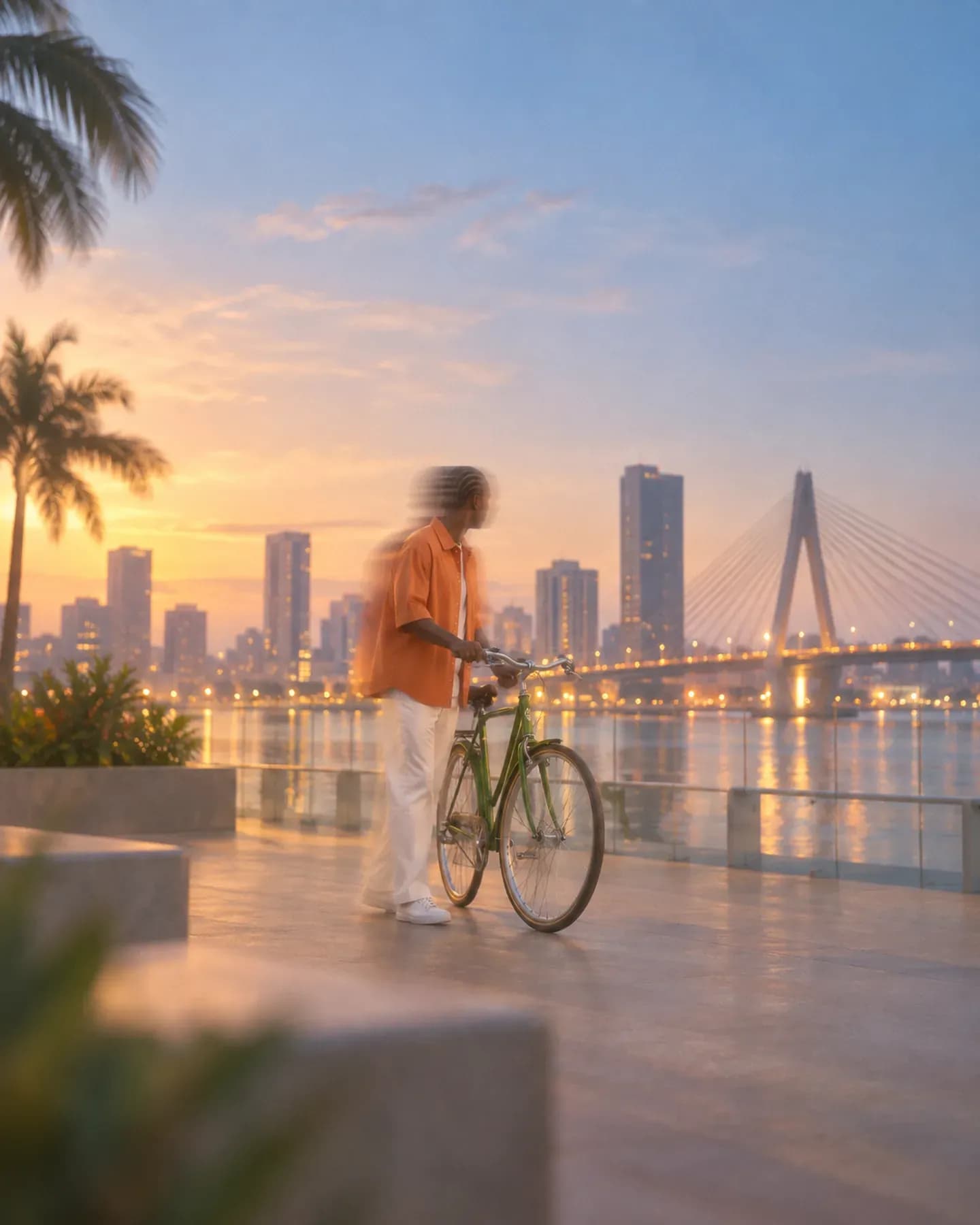 A man in an orange shirt stands with a bicycle beside Abidjan's lagoon, with Cocody bridge and the Plateau skyline beyond.