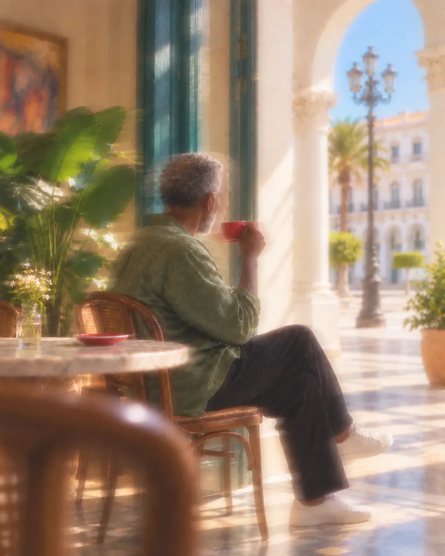 A man in a green shirt lifts a red cup in a Tripoli cafe, with white arcades near Martyrs Square beyond the doorway.