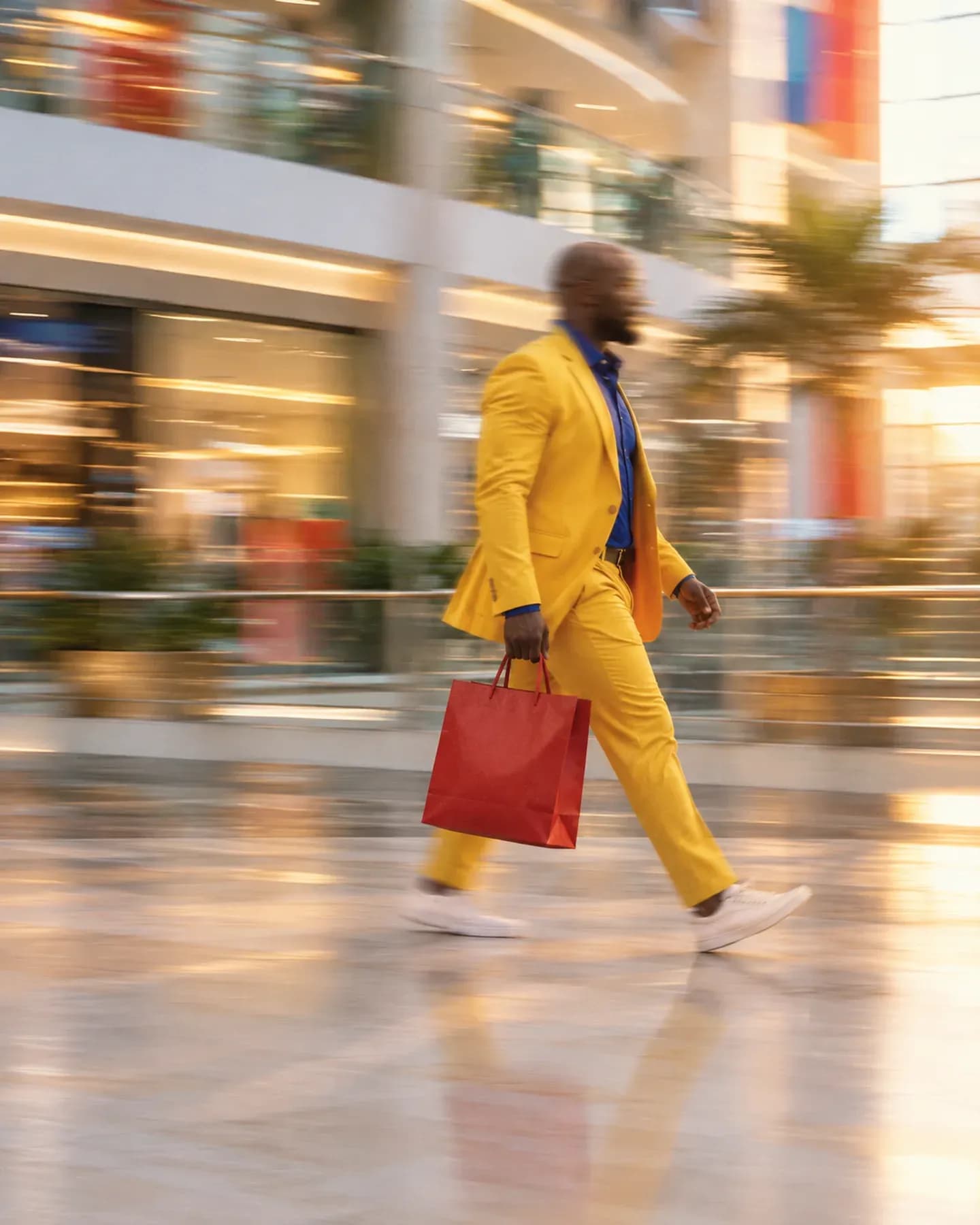 A man in a yellow suit carrying a red shopping bag strides through a bright shopping mall.