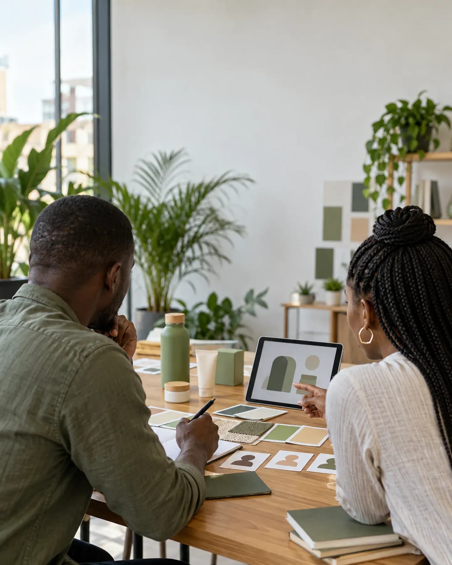 Two research professionals compare product concepts, audience cards and colour samples at a studio table.