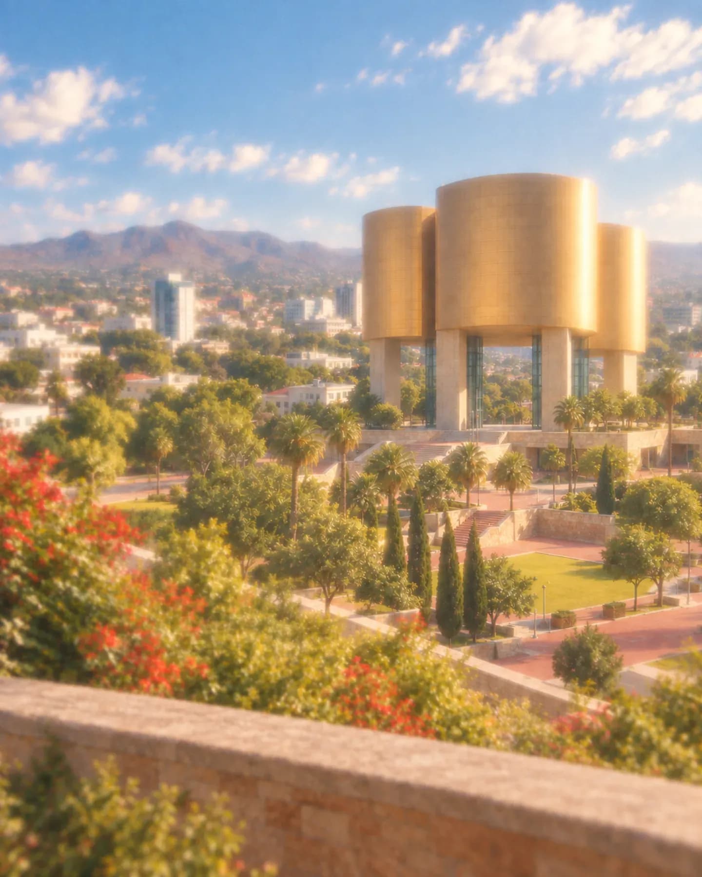 The golden cylindrical volumes of Windhoek's Independence Memorial Museum rise above planted grounds and the surrounding city.