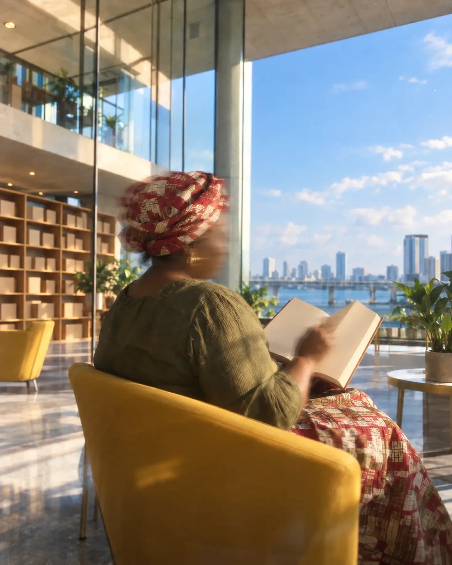 A woman in a red patterned head wrap reads a book in a yellow armchair by a window overlooking a bridge and city towers.