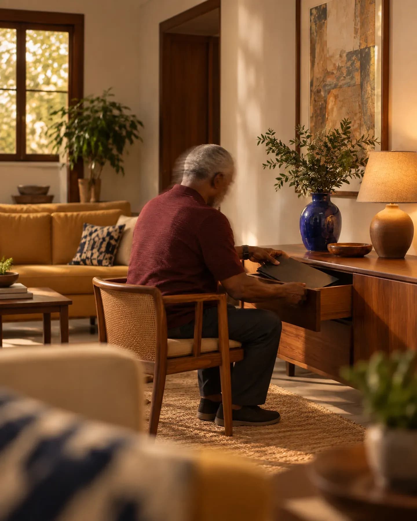 An older man in a burgundy shirt puts a document folder in a wooden desk drawer in a warmly lit living room.