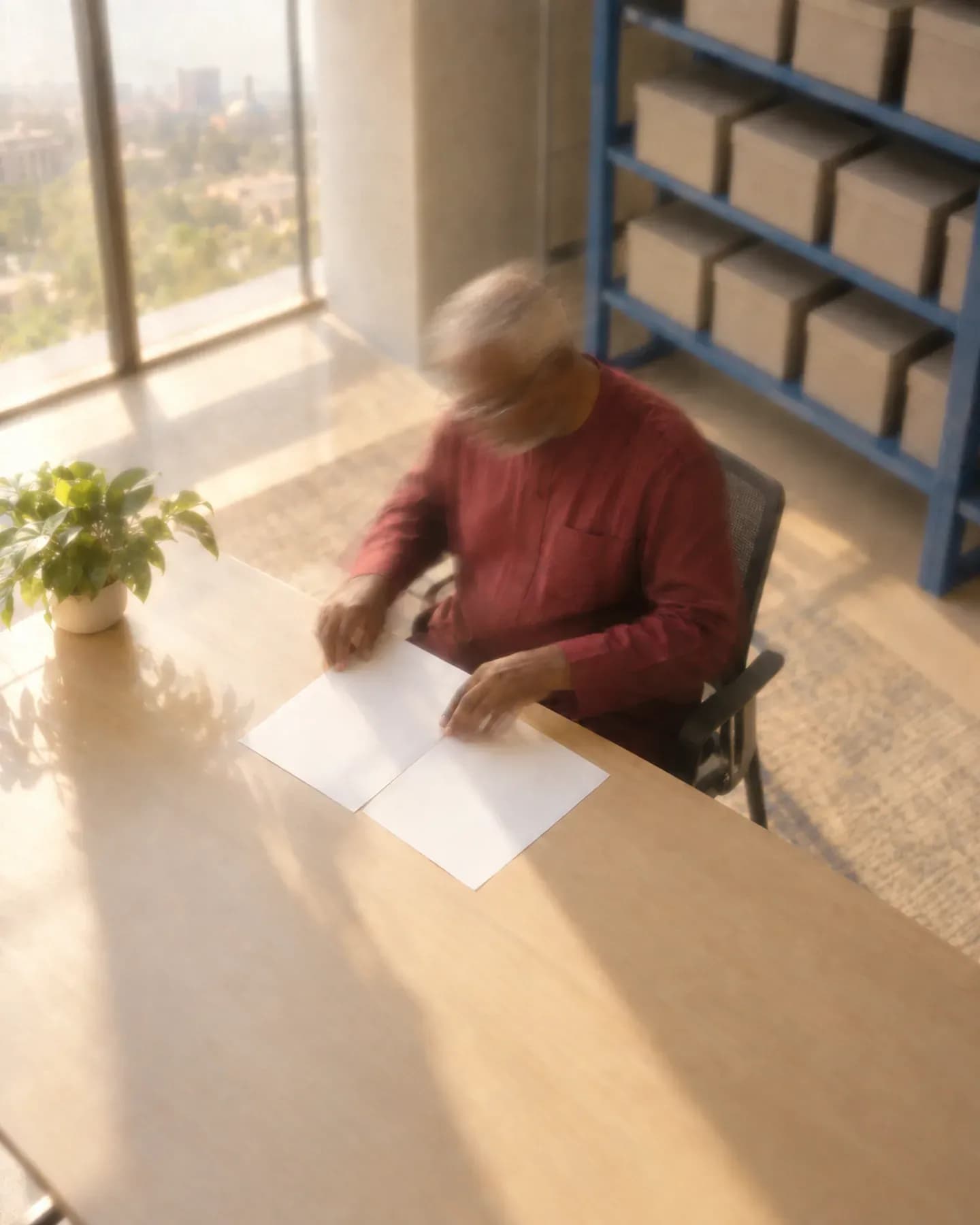 Un homme âgé en chemise rouge lit des feuilles vierges à un bureau en bois près d'une fenêtre, des boîtes sur des étagères bleues derrière lui.
