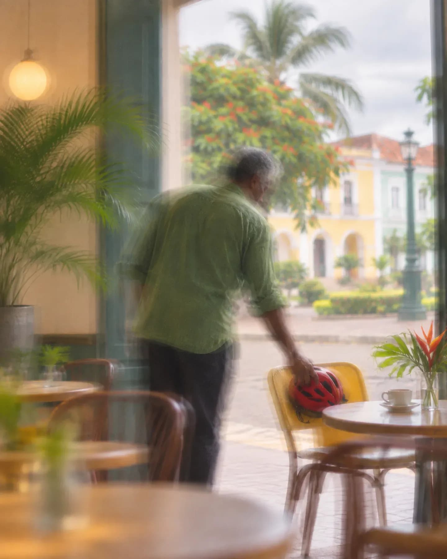 A man in a green shirt picks up a red bicycle helmet from a yellow chair in a cafe near Praca da Independencia in Sao Tome.
