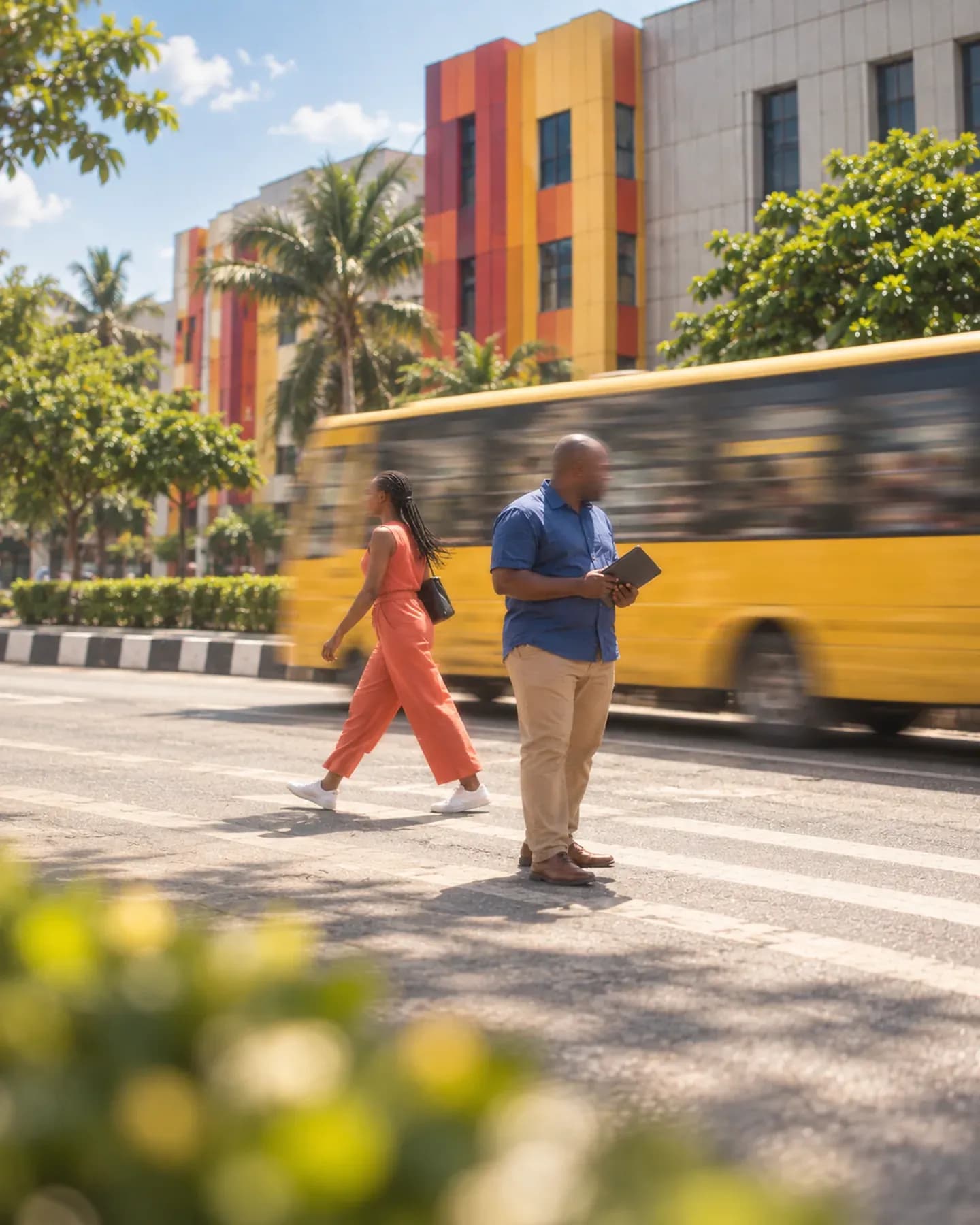 A man in a blue shirt holds a tablet as a woman in coral walks behind him and a yellow bus passes on a street in Yaba, Lagos.
