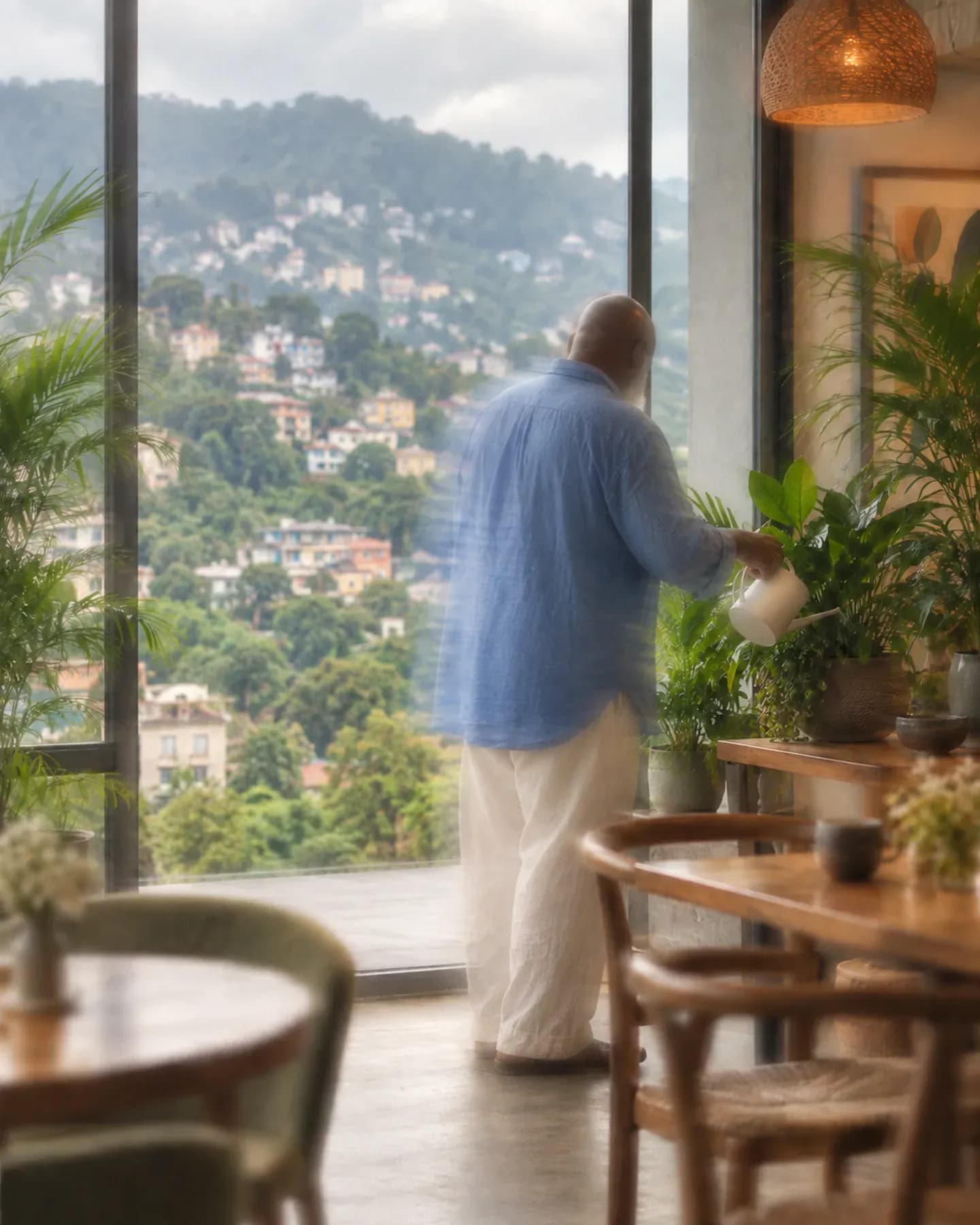 A man in a blue shirt waters a potted plant in a Hill Station cafe overlooking Freetown's green hills.