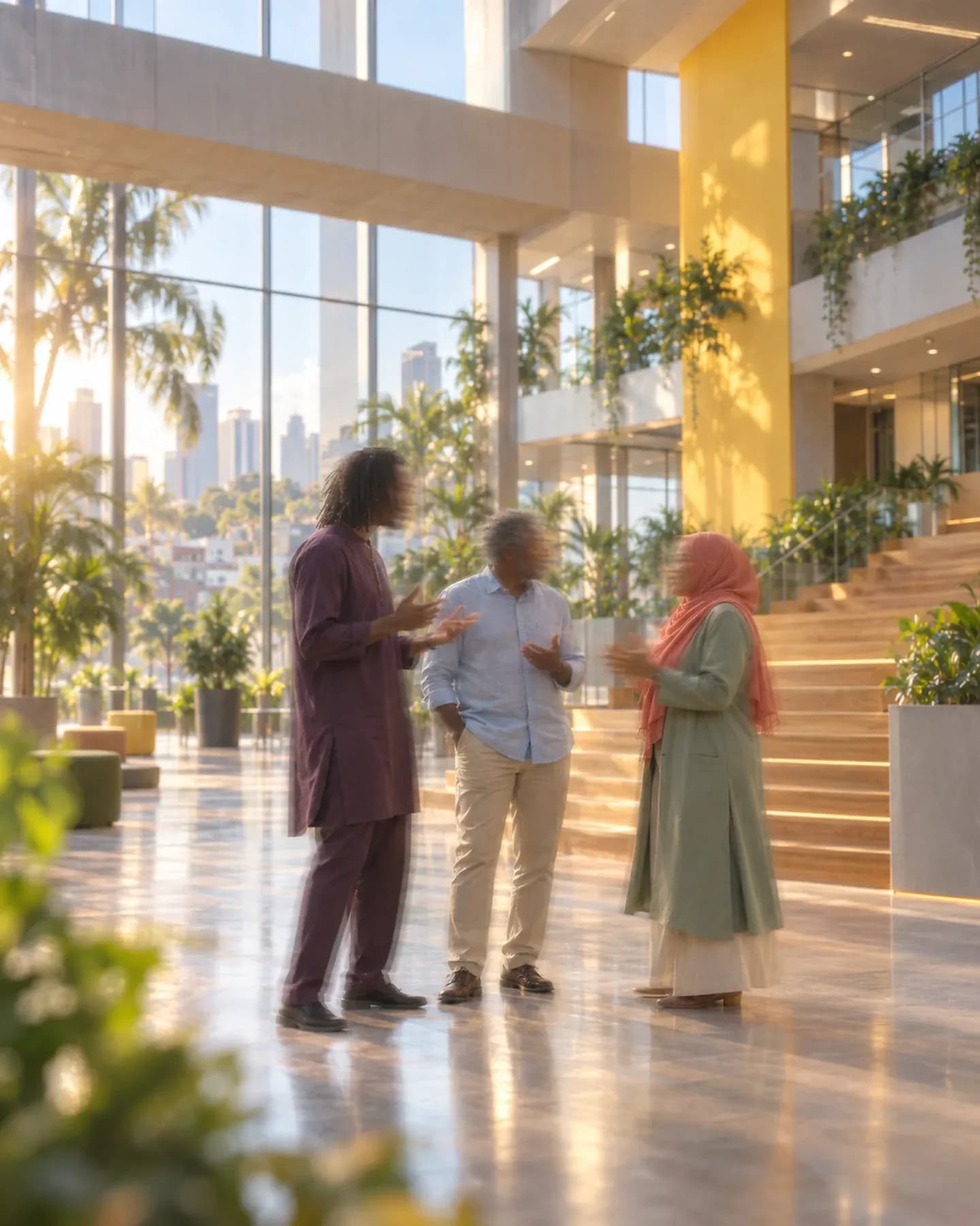 Three people talk in a sunlit atrium with a wide staircase and plants, one of them in a pink headscarf.