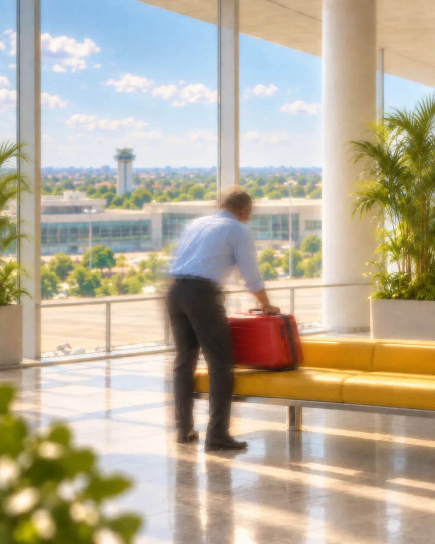 A man in a blue shirt lifts a red suitcase onto a yellow bench at Juba International Airport.