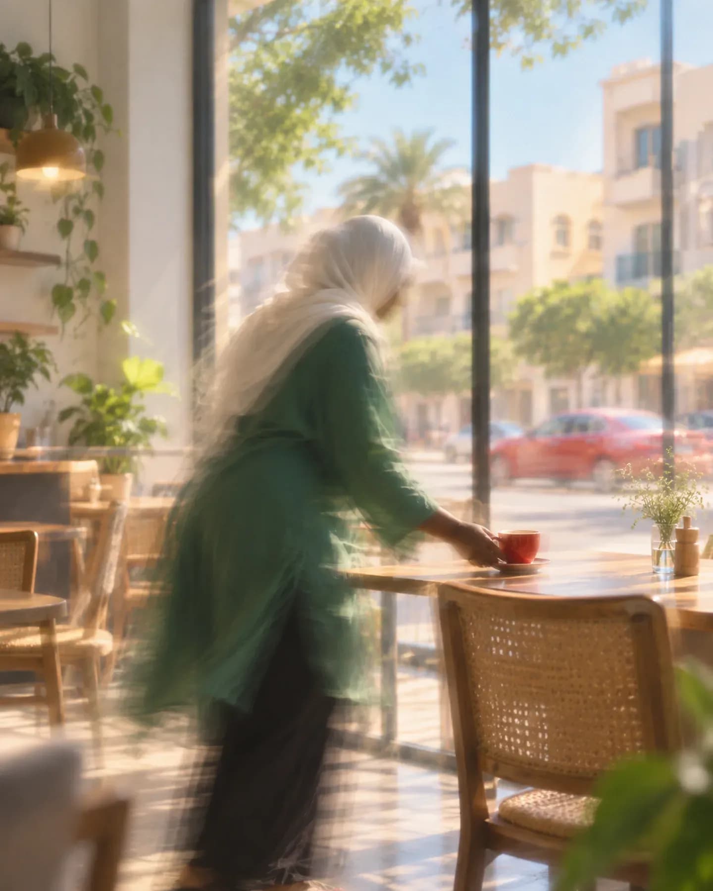 A woman in a white hijab and green tunic sets a red cup on a cafe table overlooking a street in Port Sudan.