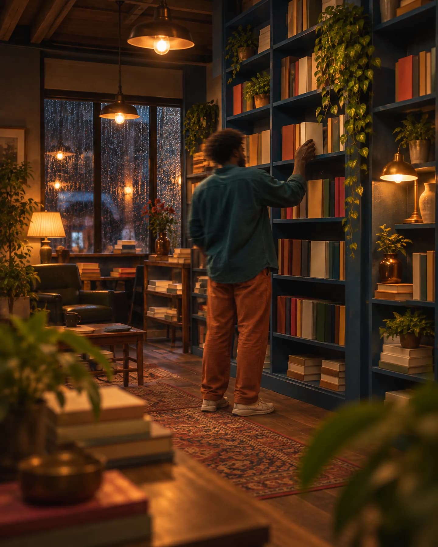 Un homme en surchemise bleu-vert et pantalon orange attrape un livre sur des étagères bleues, dans une librairie de Lagos à l'éclairage chaleureux.