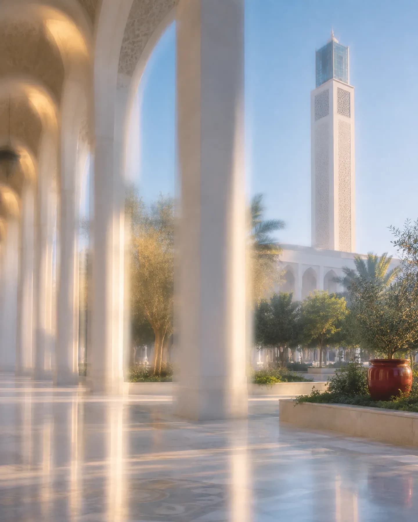 White colonnades frame the square minaret and planted courtyard of Djamaa el Djazair in Algiers.
