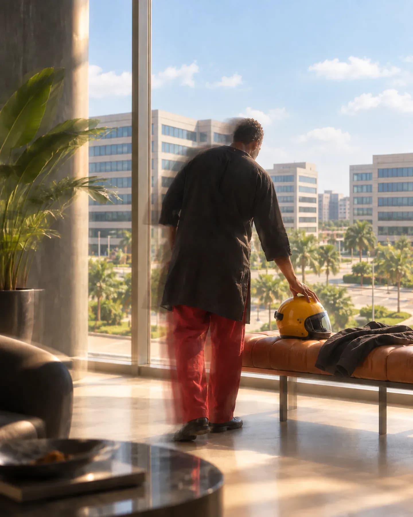 A man in a black tunic and red trousers places a yellow helmet on a bench overlooking Cidade Financeira in Talatona, Luanda.