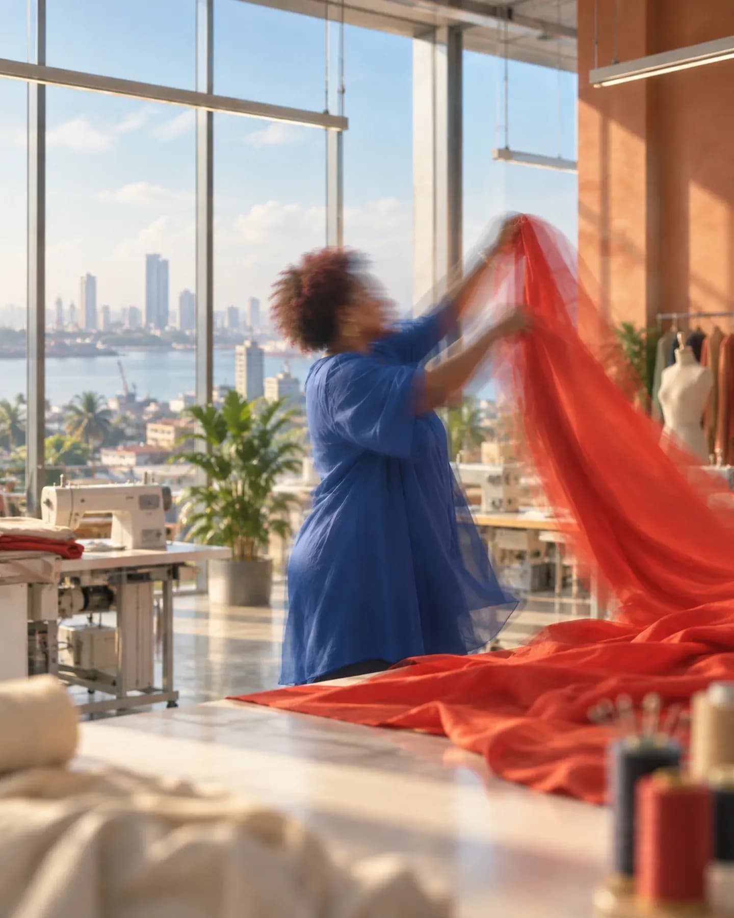 Une femme en robe bleue soulève un coupon de tissu rouge dans un atelier de couture, avec des machines à coudre et la mer derrière elle.