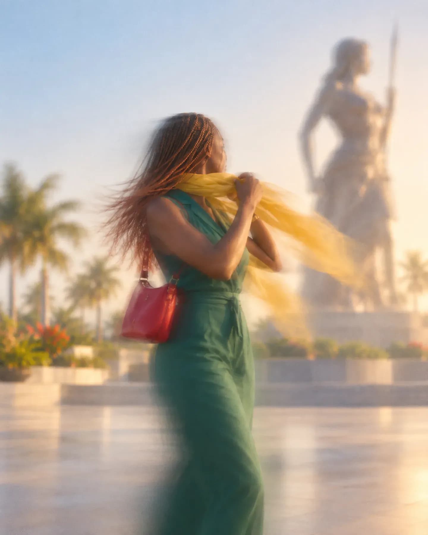 A woman in green adjusts a yellow scarf at Place de l'Amazone in Cotonou, with the warrior sculpture behind her.