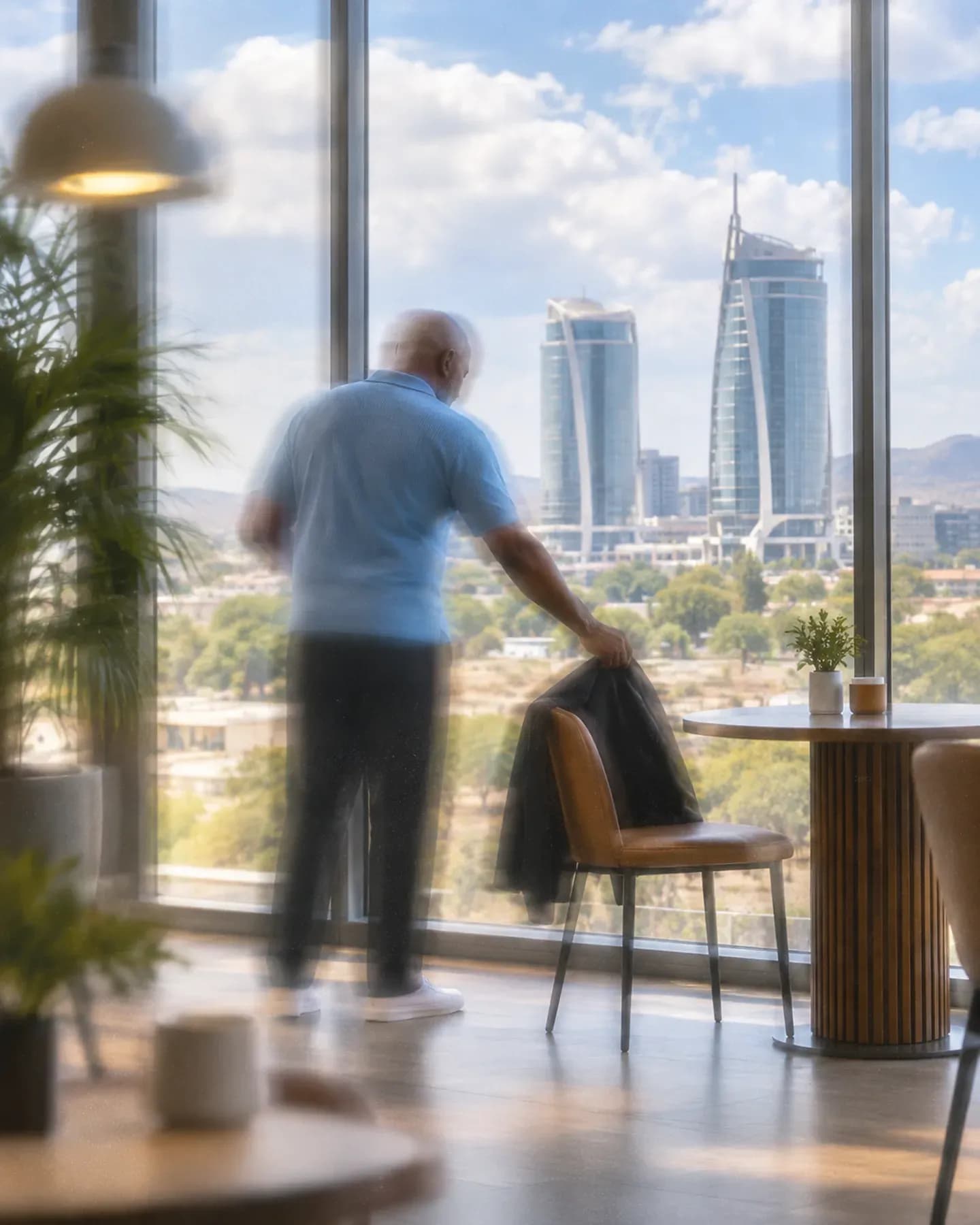 A man in a blue polo drapes a black jacket over a cafe chair, with Gaborone's iTowers beyond the window.
