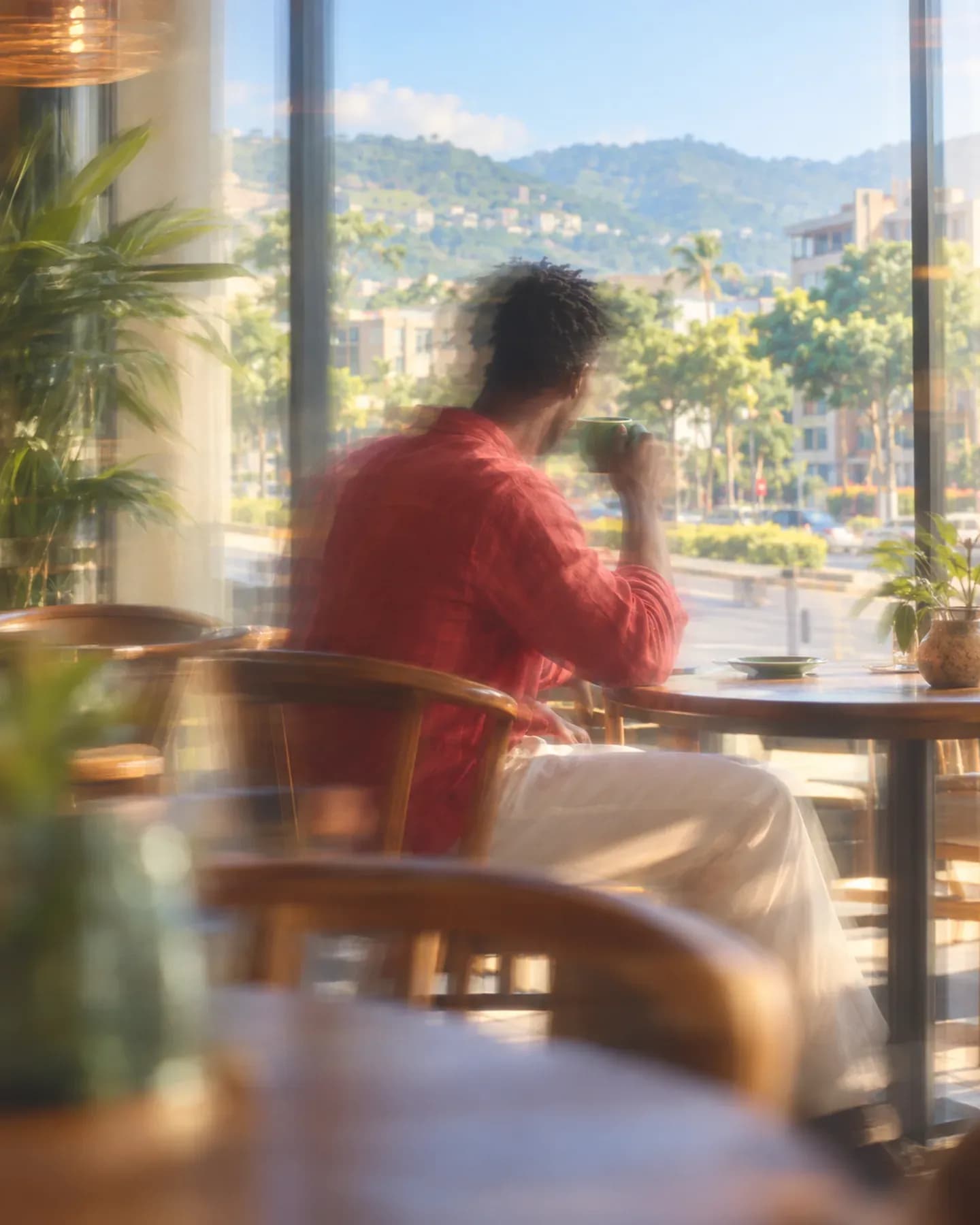 A man in a red shirt holds a green cup in a cafe on Boulevard de l'UPRONA in Bujumbura, with hills beyond.