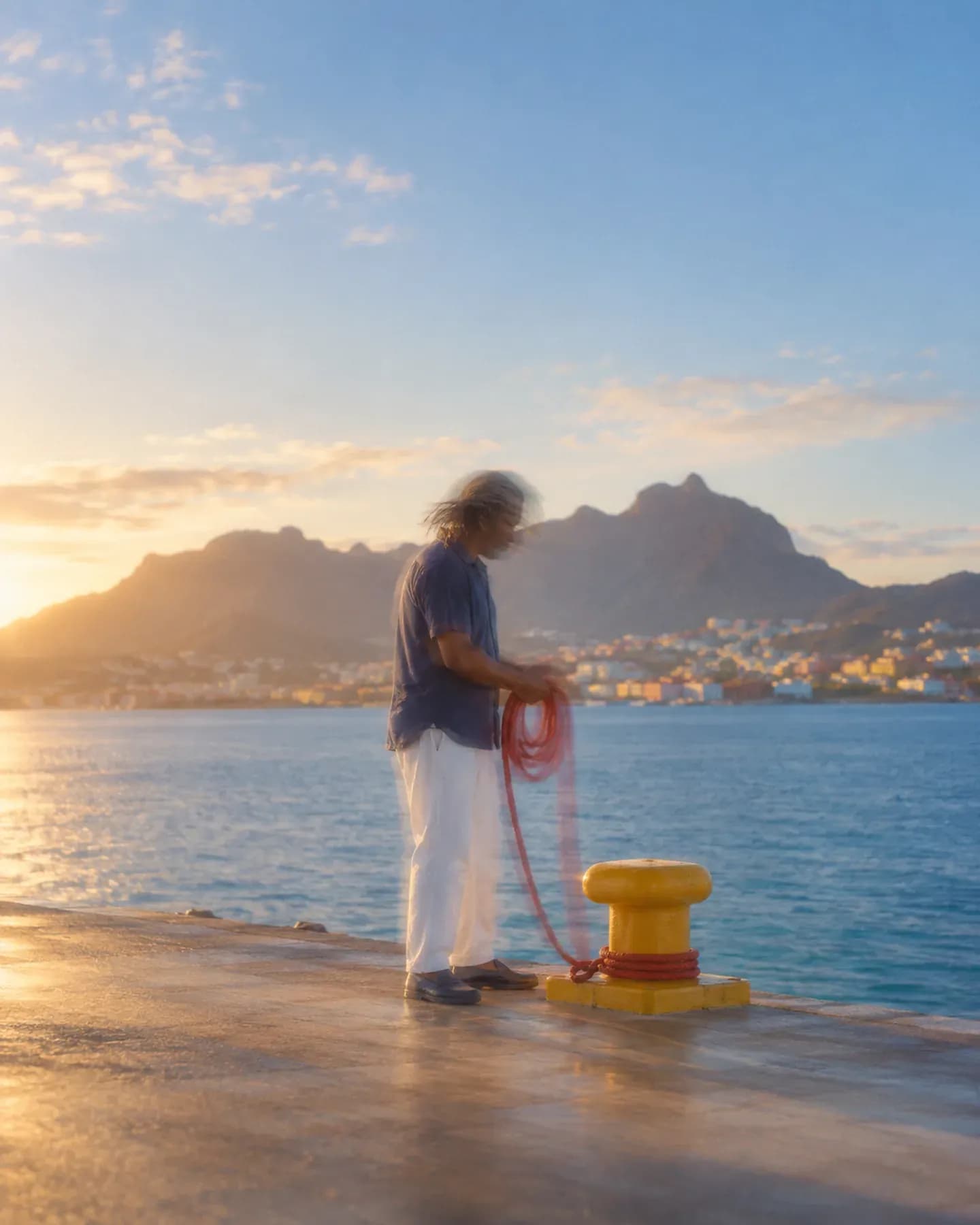 A man coils red rope beside a yellow bollard at Mindelo harbour, with Monte Cara across the water.