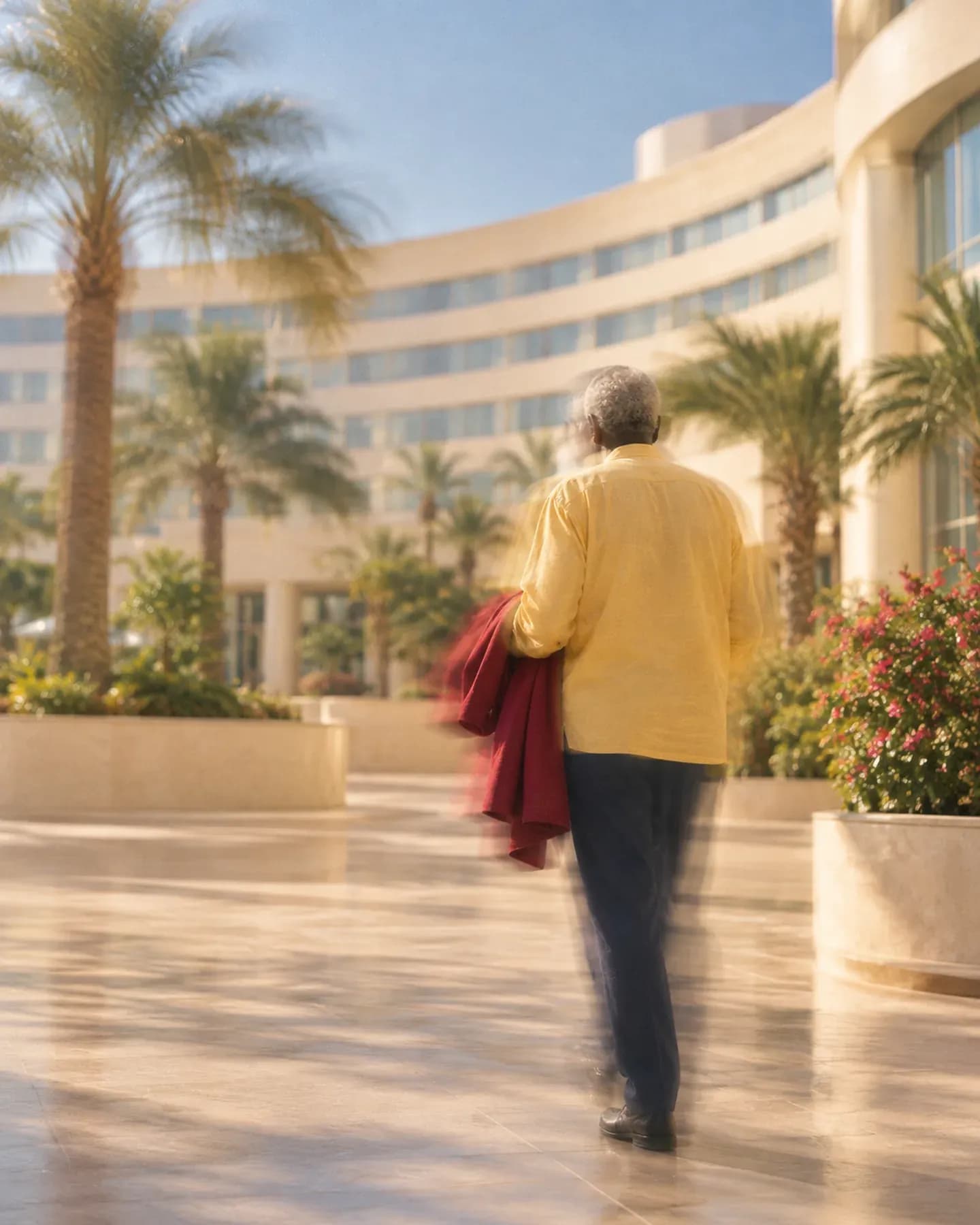 A man in a yellow shirt carries a red jacket through the palm lined courtyard of Ledger Plaza in N'Djamena.