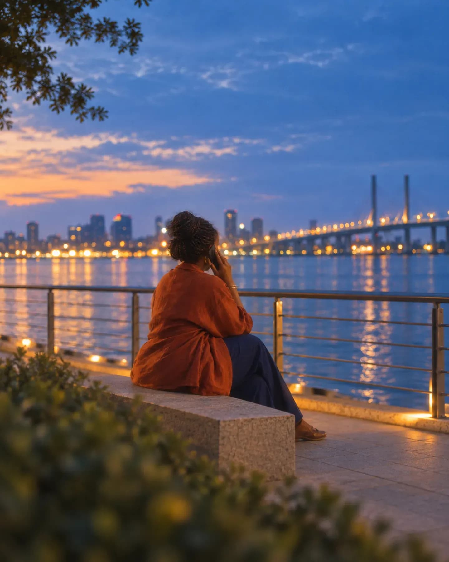 A woman in an orange jacket makes a phone call from a stone bench beside the Lagos waterfront at dusk.