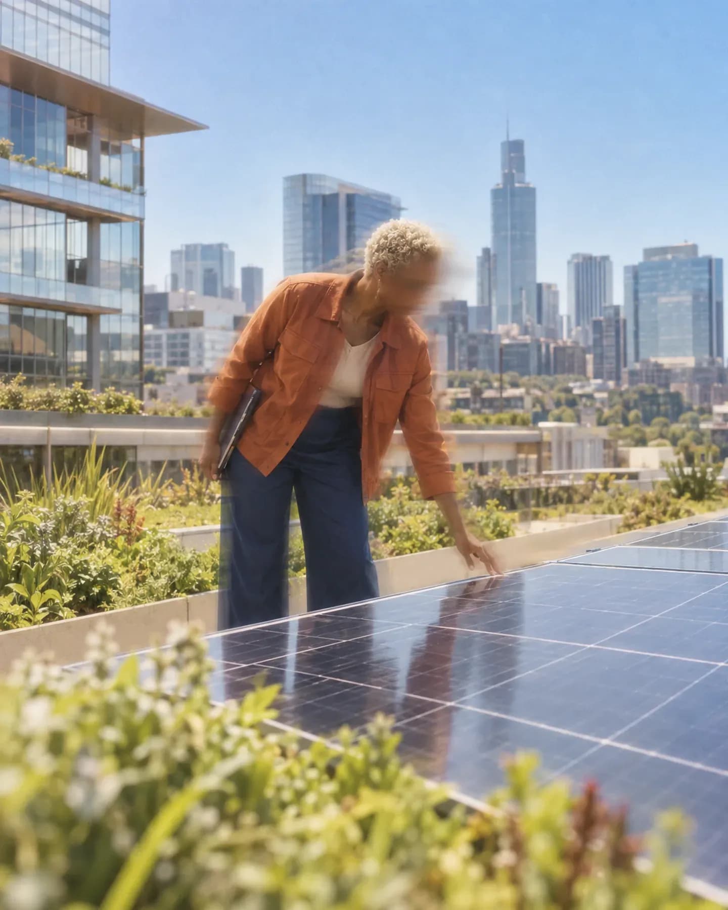 Une femme en veste orange se penche sur des panneaux solaires installés sur un toit parmi des plantes, devant les tours de la ville.