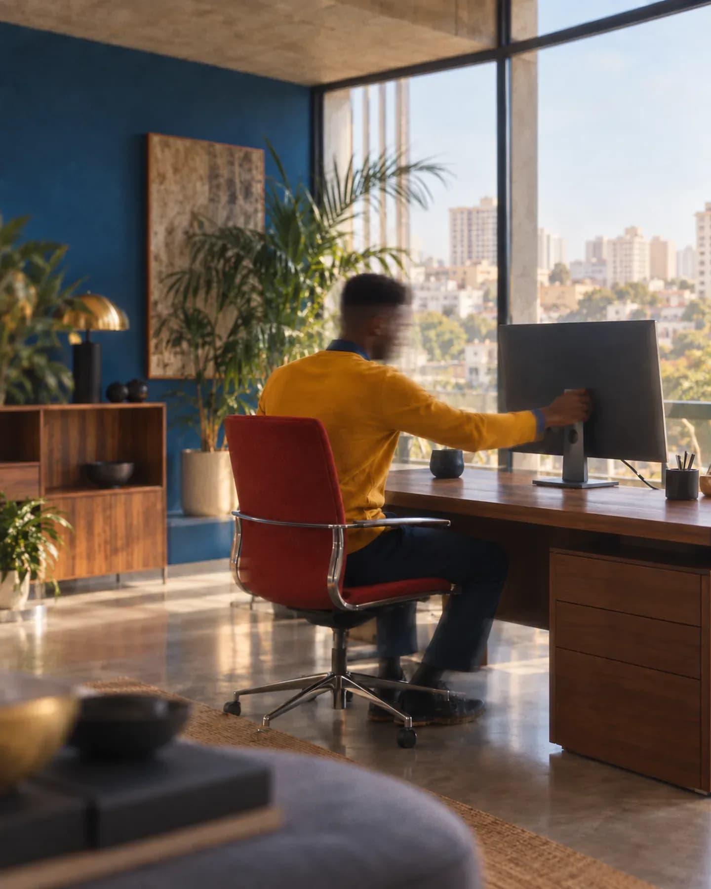 A man in a yellow sweater adjusts a large monitor at a wooden desk in an office with a blue wall and a view of the city.