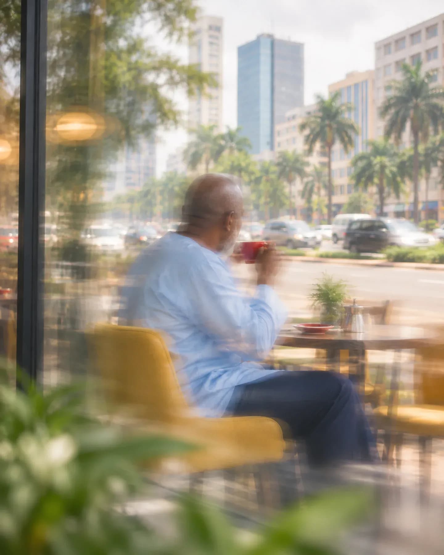 A man in a pale blue tunic lifts a red cup beside a cafe window overlooking Boulevard du 30 Juin in Kinshasa.