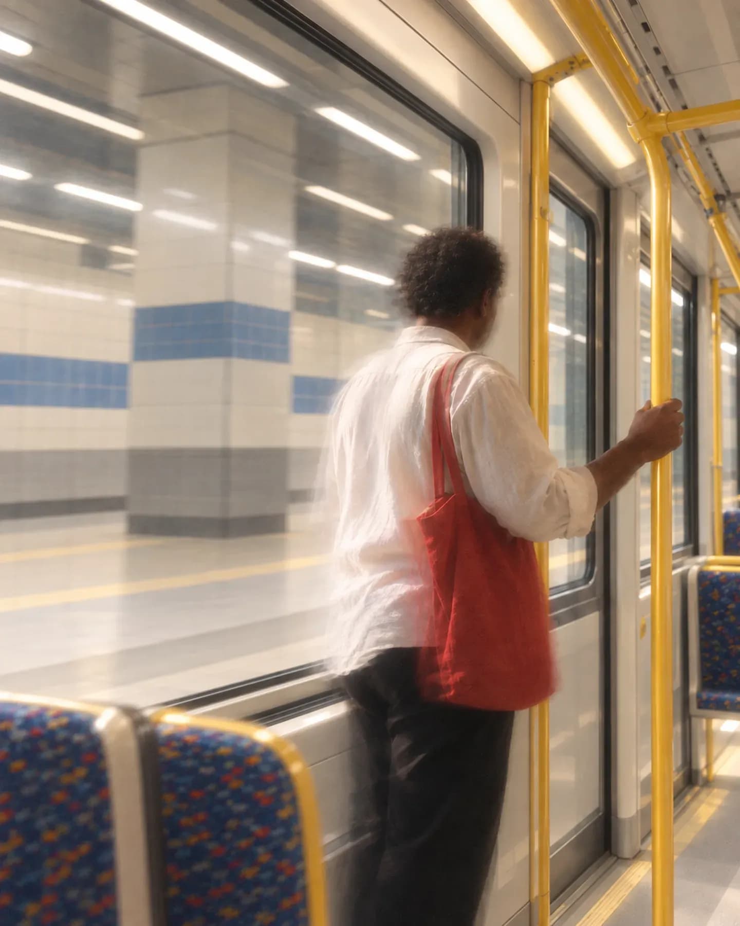 A man in a white shirt with a red bag holds a yellow rail inside a Cairo Metro train at Heliopolis station.