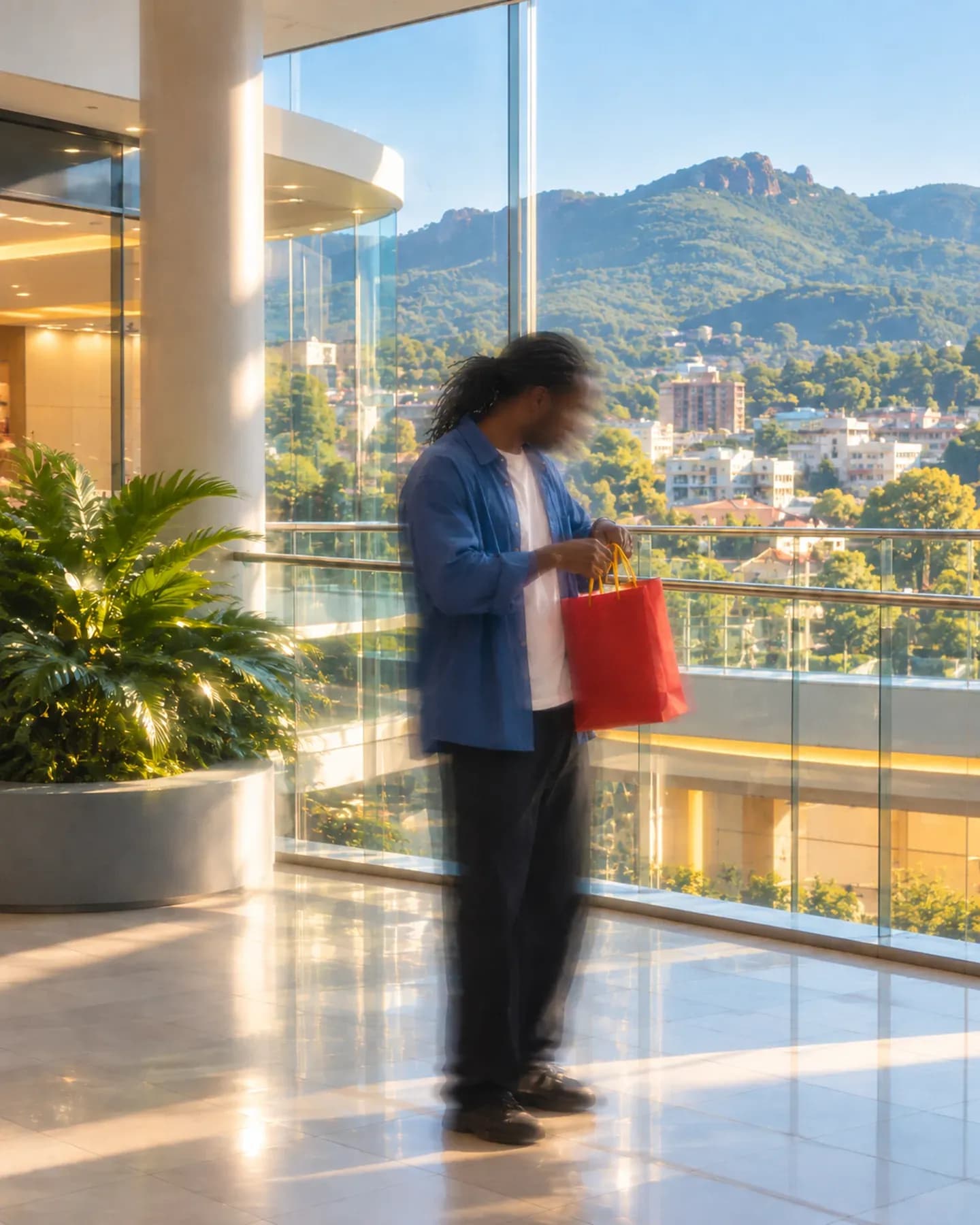 A man in a blue overshirt opens a red shopping bag inside Swazi Plaza, with Mbabane's green hills beyond.