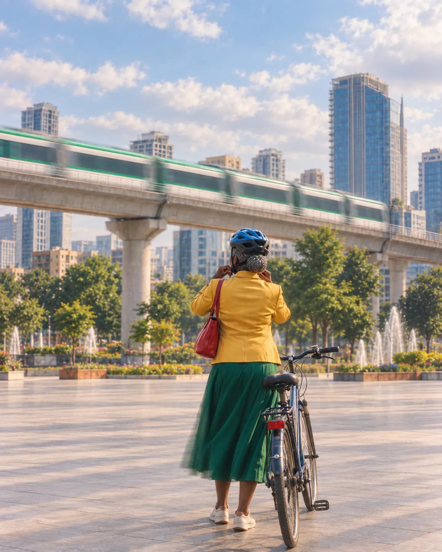 A woman in a yellow jacket adjusts her blue bicycle helmet near Meskel Square in Addis Ababa, with a train on the viaduct behind.