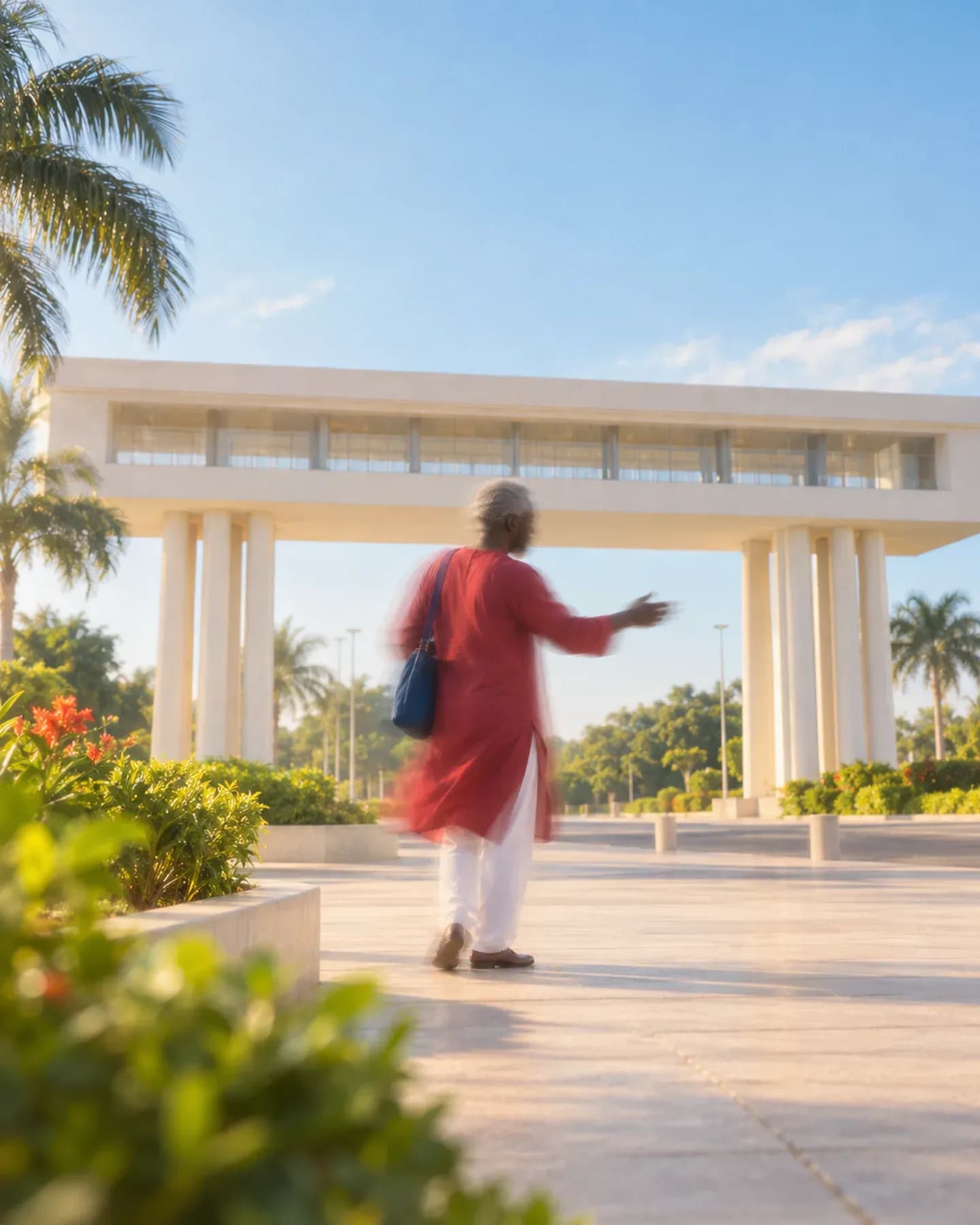 A man in a red tunic gestures in a landscaped plaza below Banjul's Arch 22.