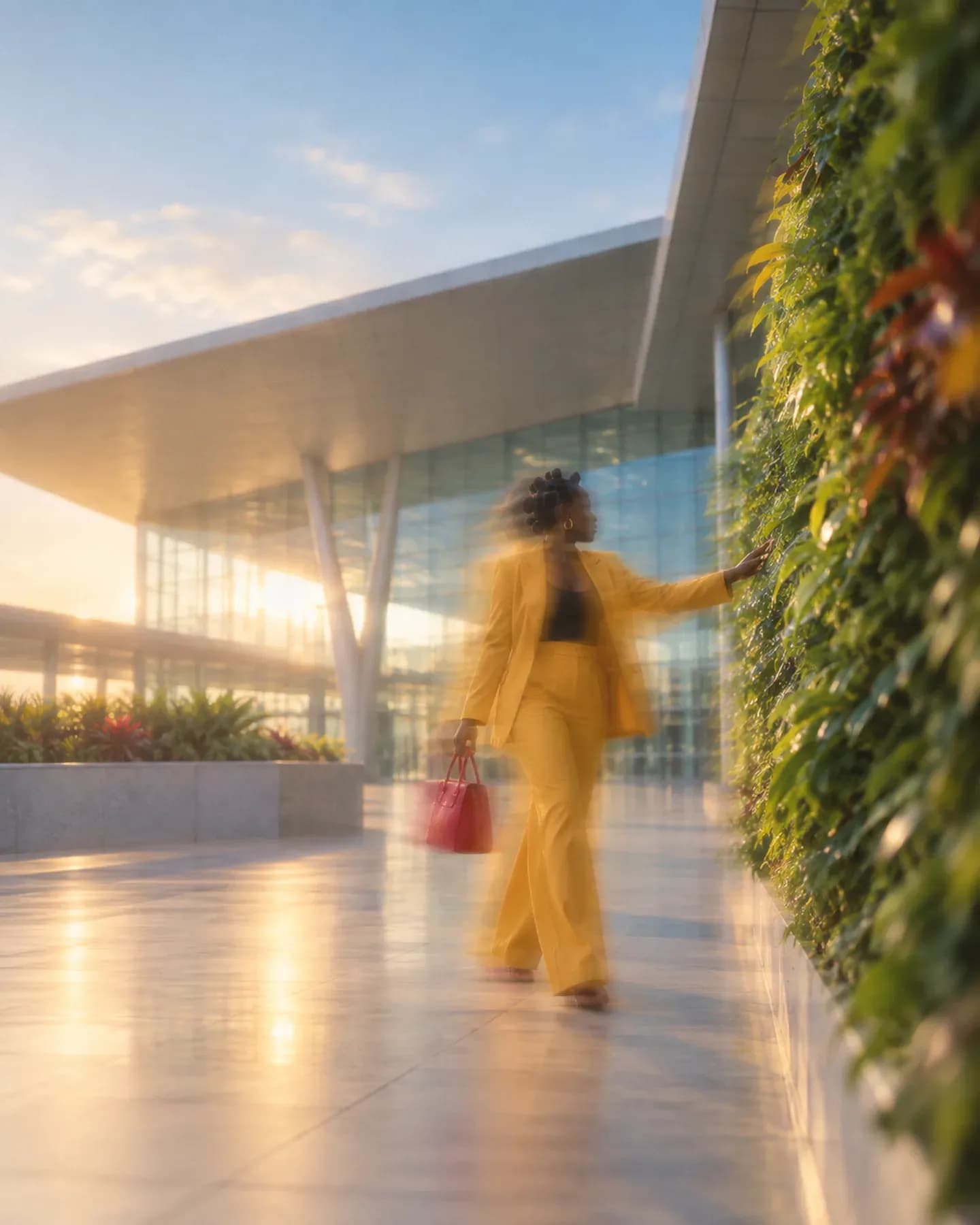 A woman in a yellow suit carrying a red handbag reaches toward a planted wall in Accra Airport City.