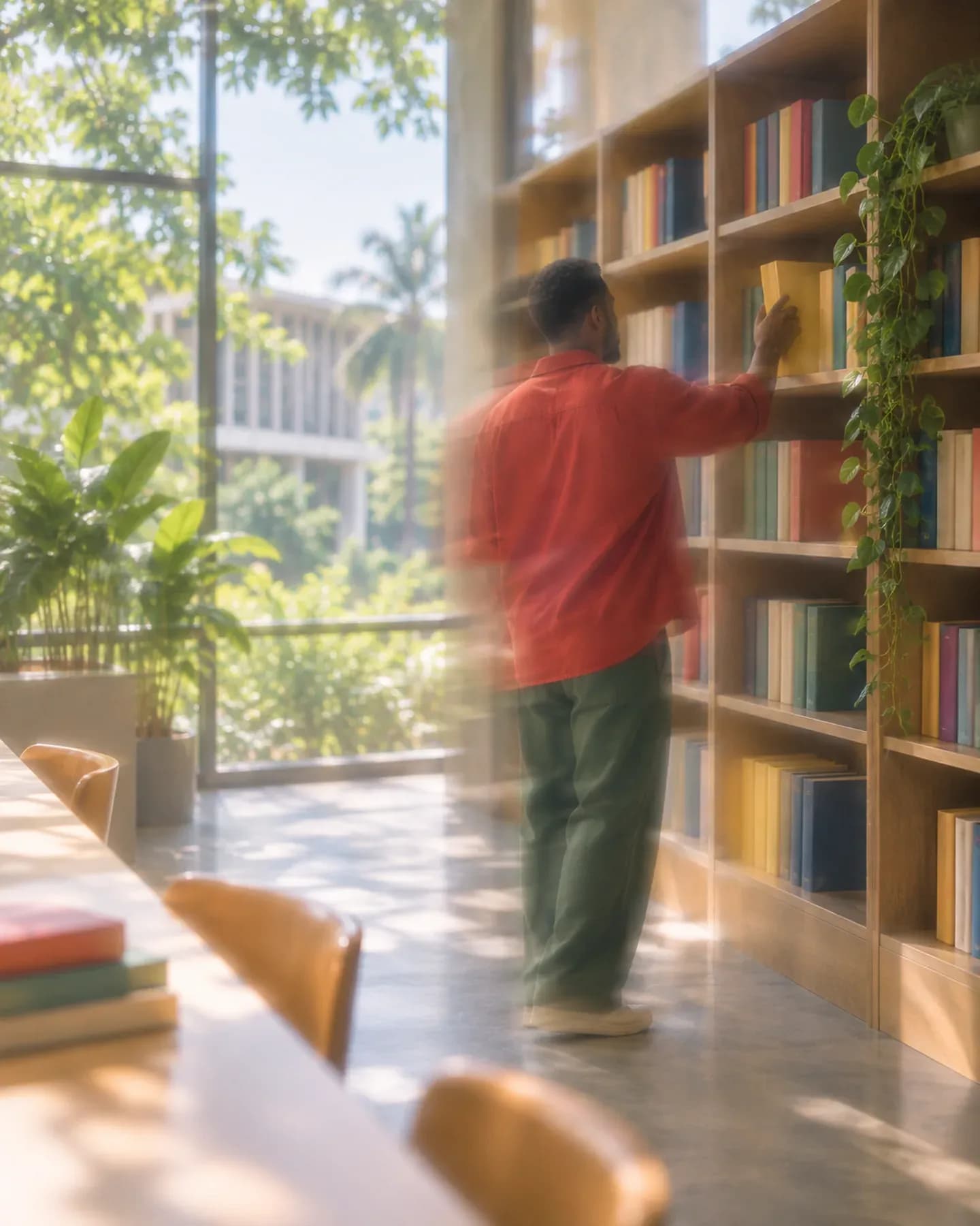 A man in a red overshirt places a yellow book on a library shelf at Gamal Abdel Nasser University in Conakry.
