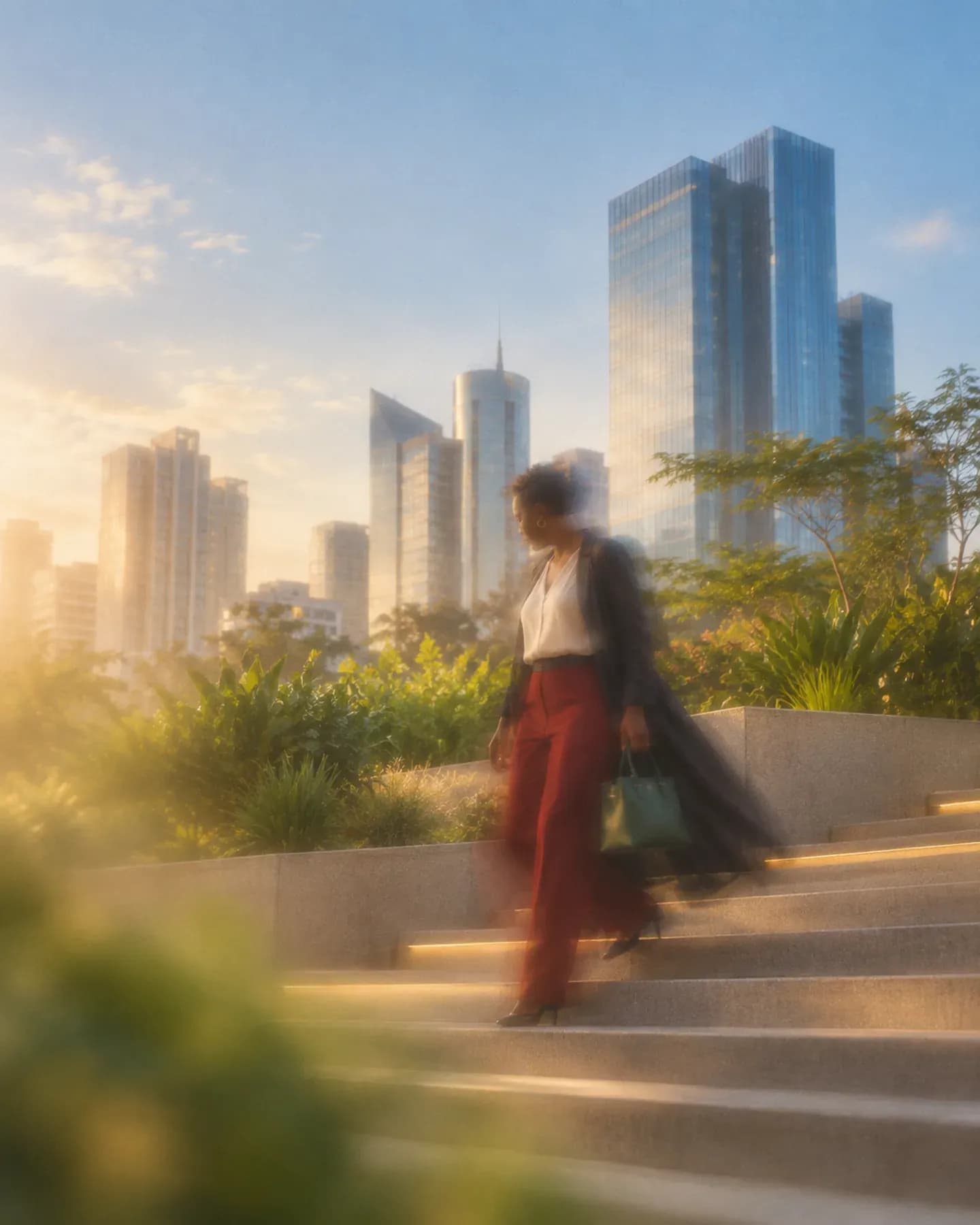 A woman in a dark jacket and red trousers descends landscaped steps below the towers of Westlands in Nairobi.