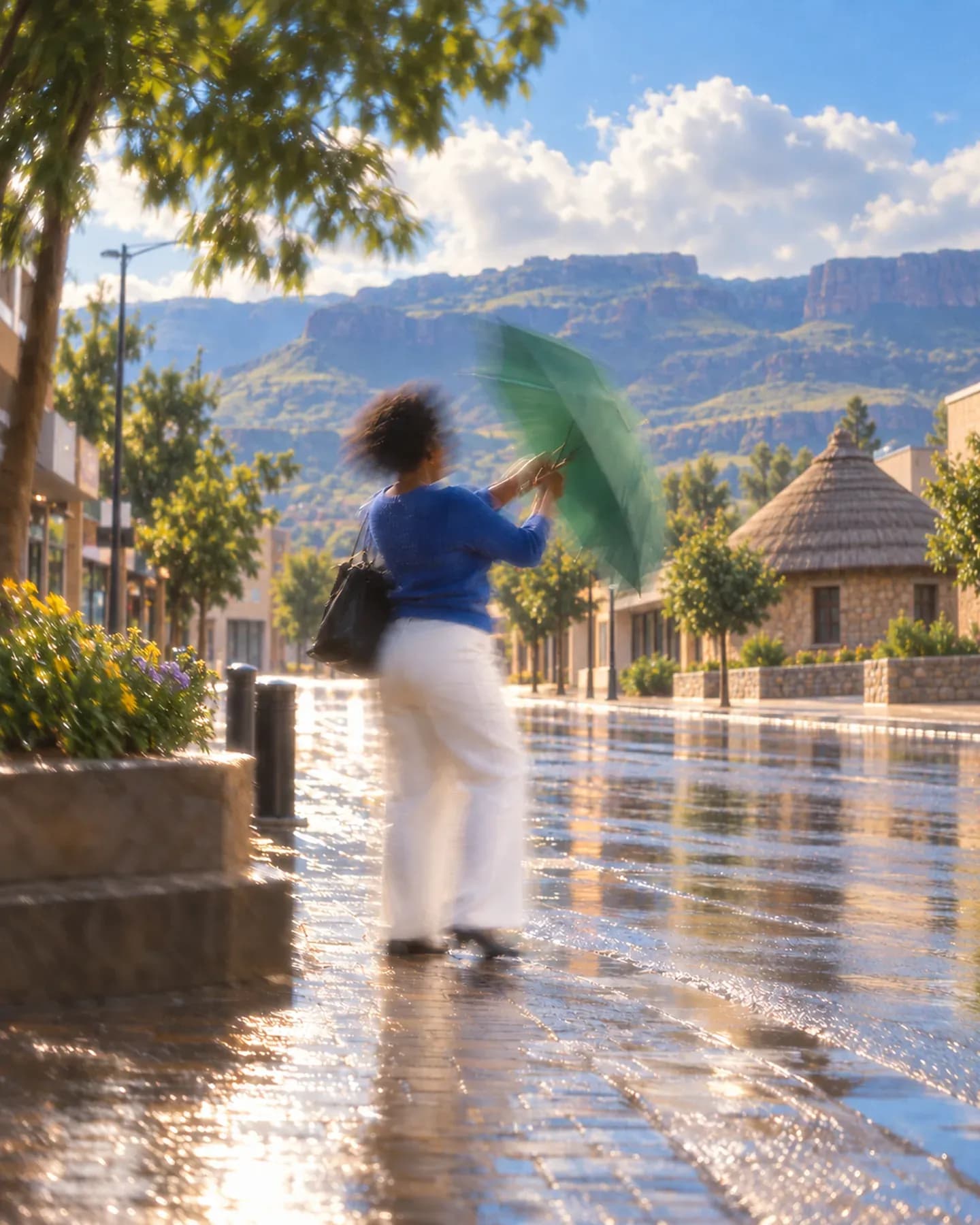 A woman in a blue top opens a green umbrella near the Basotho Hat building in Maseru, with hills behind.