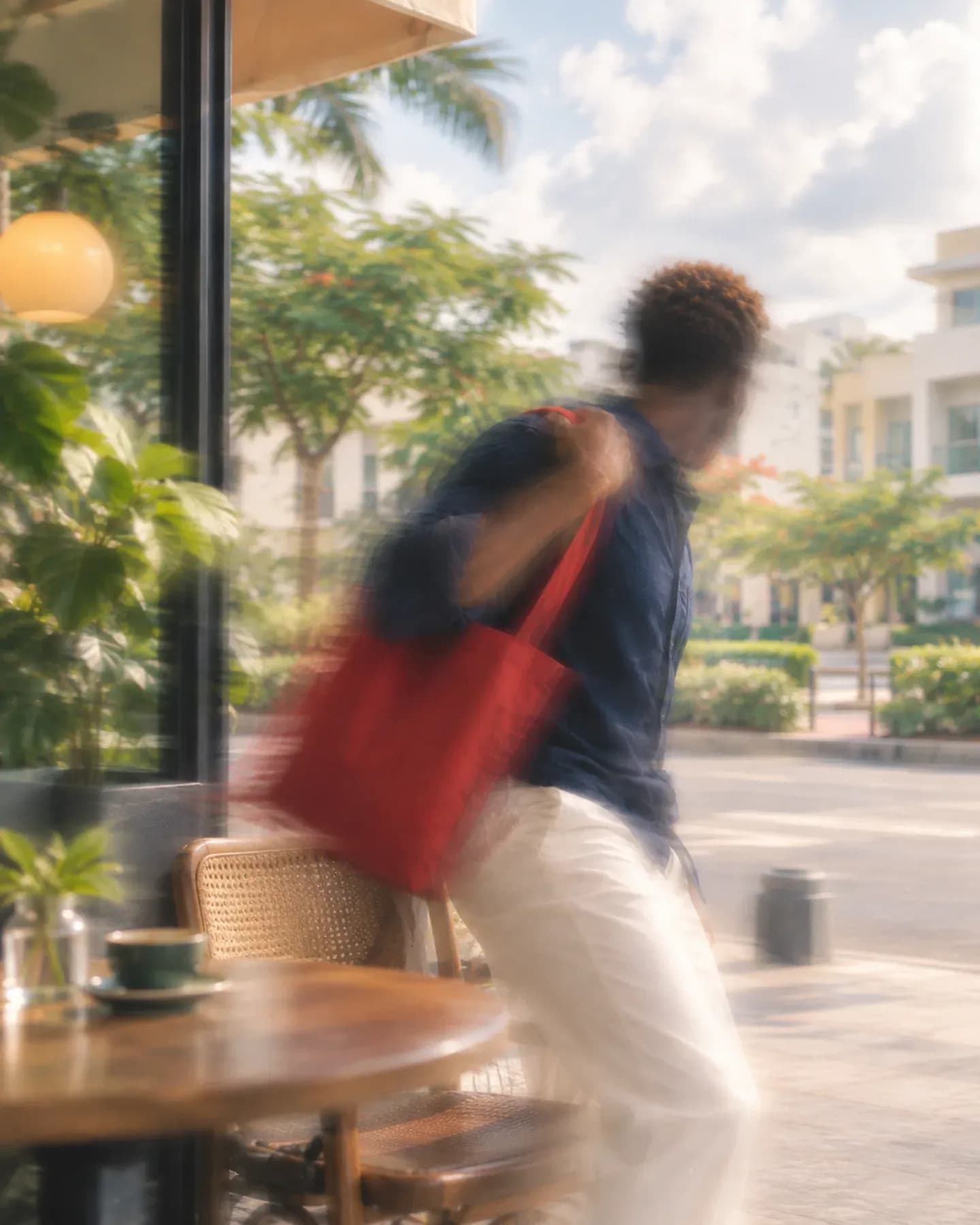 A man in a navy shirt swings a red tote over his shoulder in a cafe on Tubman Boulevard in Monrovia.