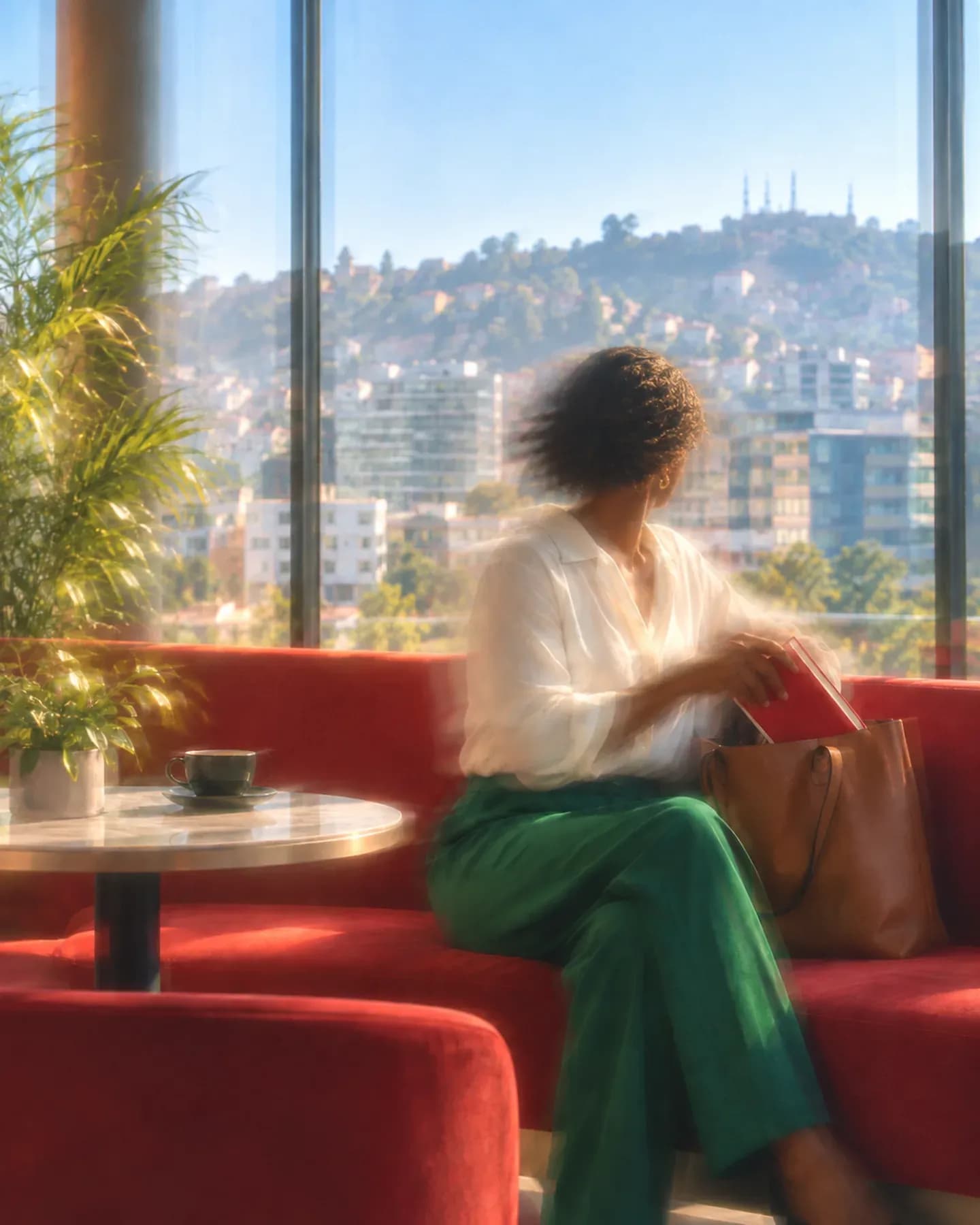 A woman in a white blouse and green trousers puts a red notebook into a bag in an Ankorondrano cafe overlooking Antananarivo.