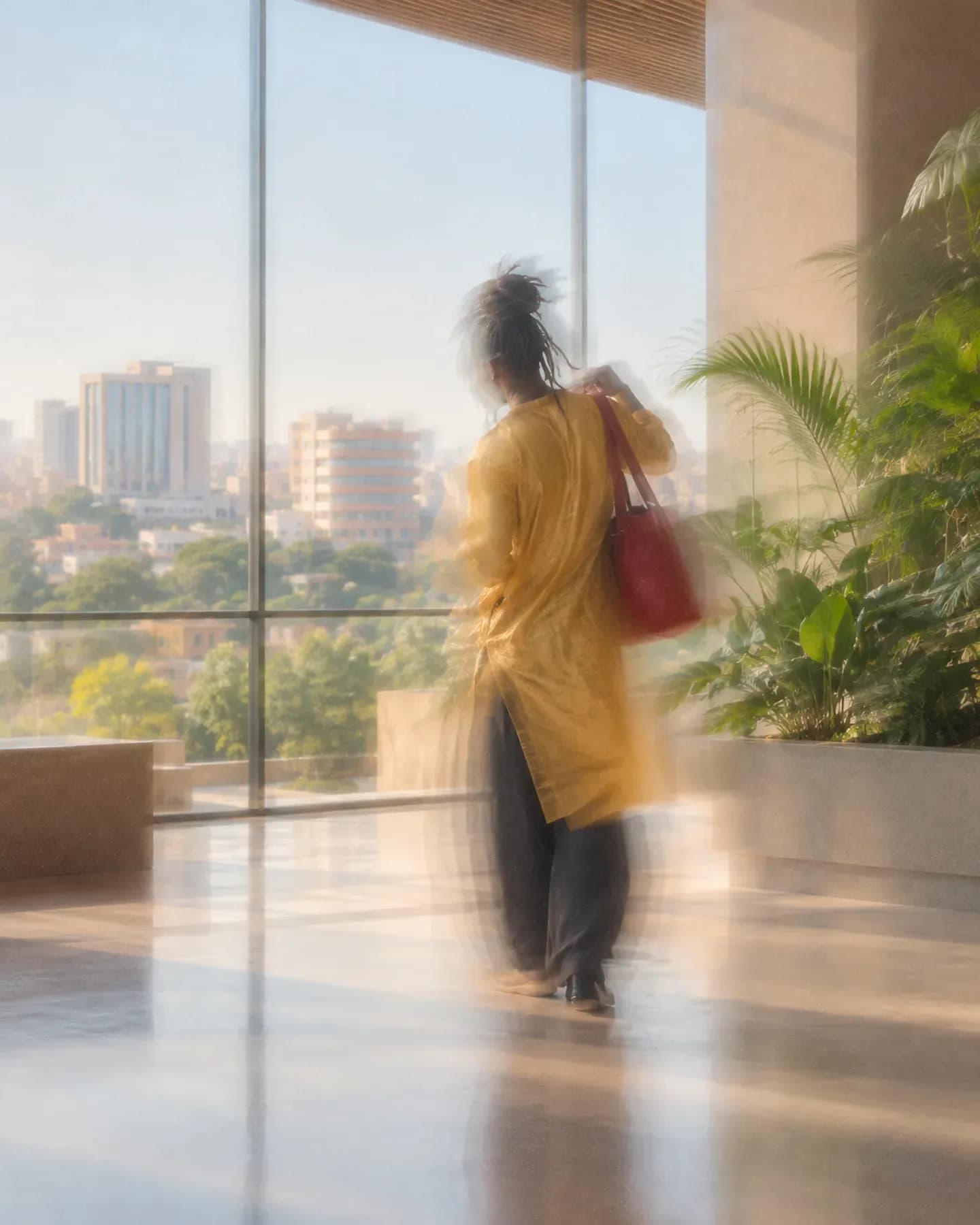 A man in a gold tunic lifts a red shoulder bag in an atrium overlooking Bamako's ACI 2000 district.