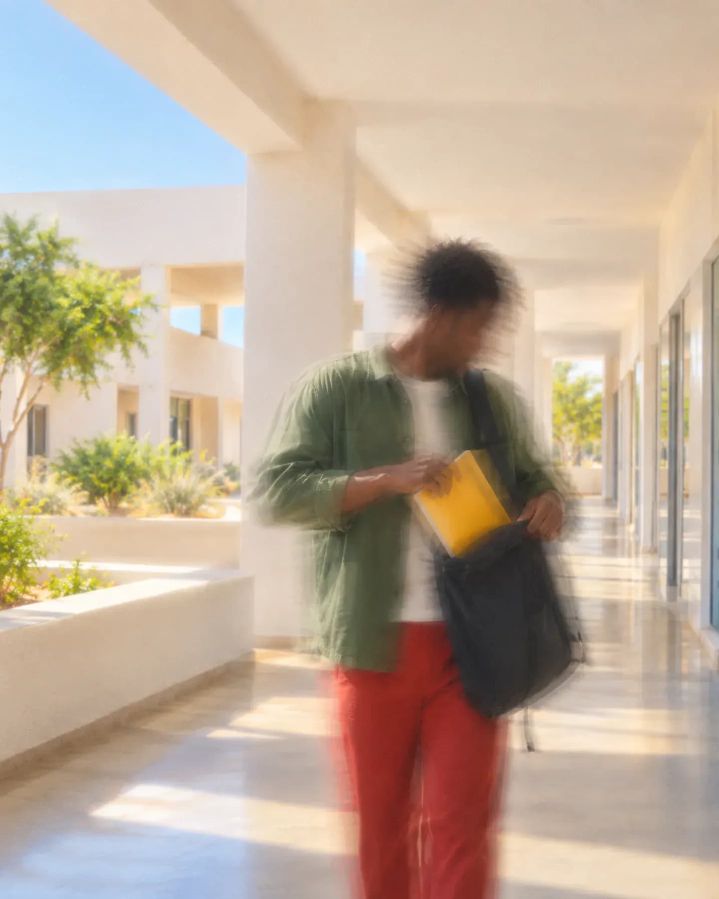A man in a green overshirt and red trousers puts a yellow book into a bag at the Institut Superieur du Numerique in Nouakchott.